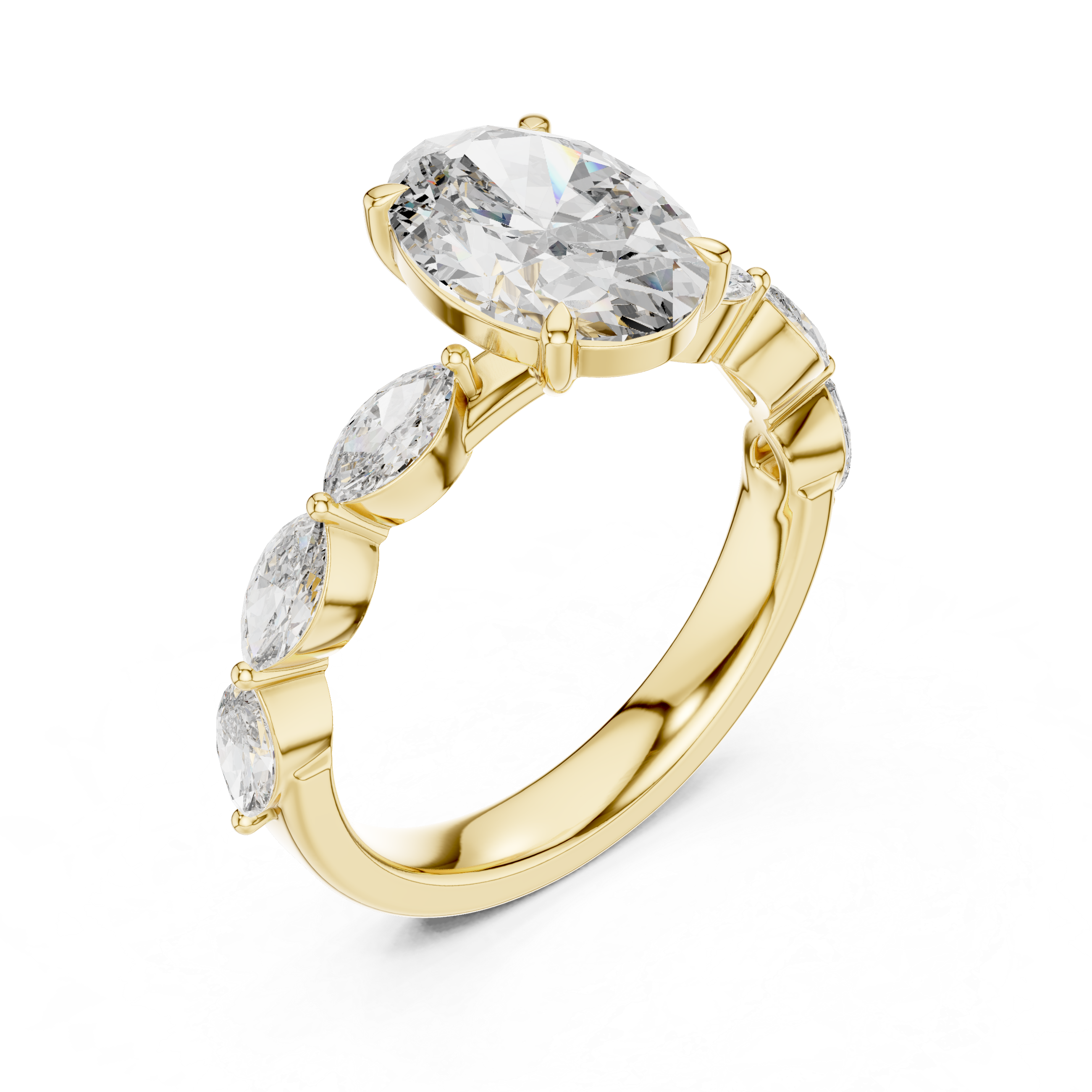 Oval-Cut Diamond Engagement Ring with Marquise-Cut Diamond Band.