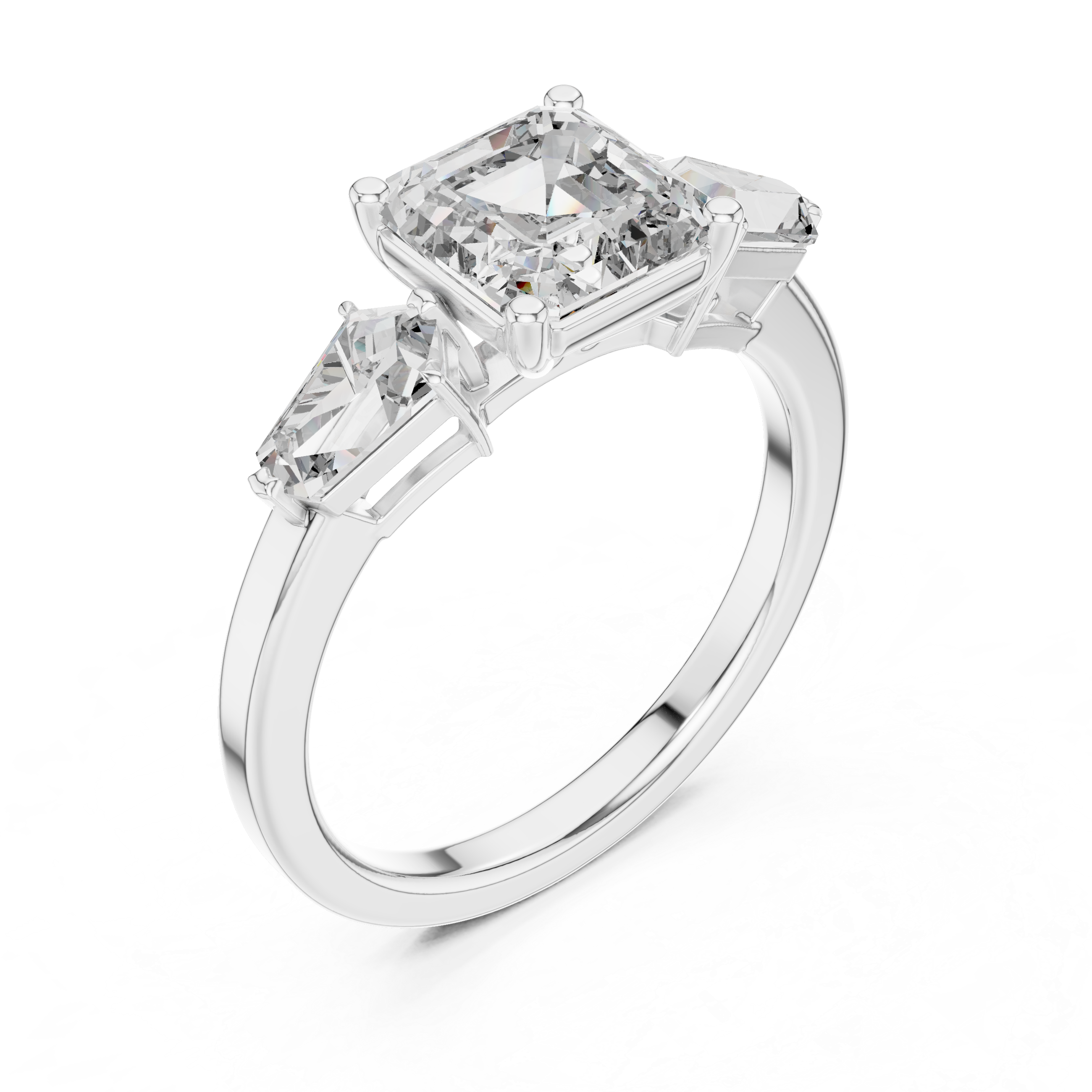 Three-Stone Emerald-Cut Diamond Engagement Ring.