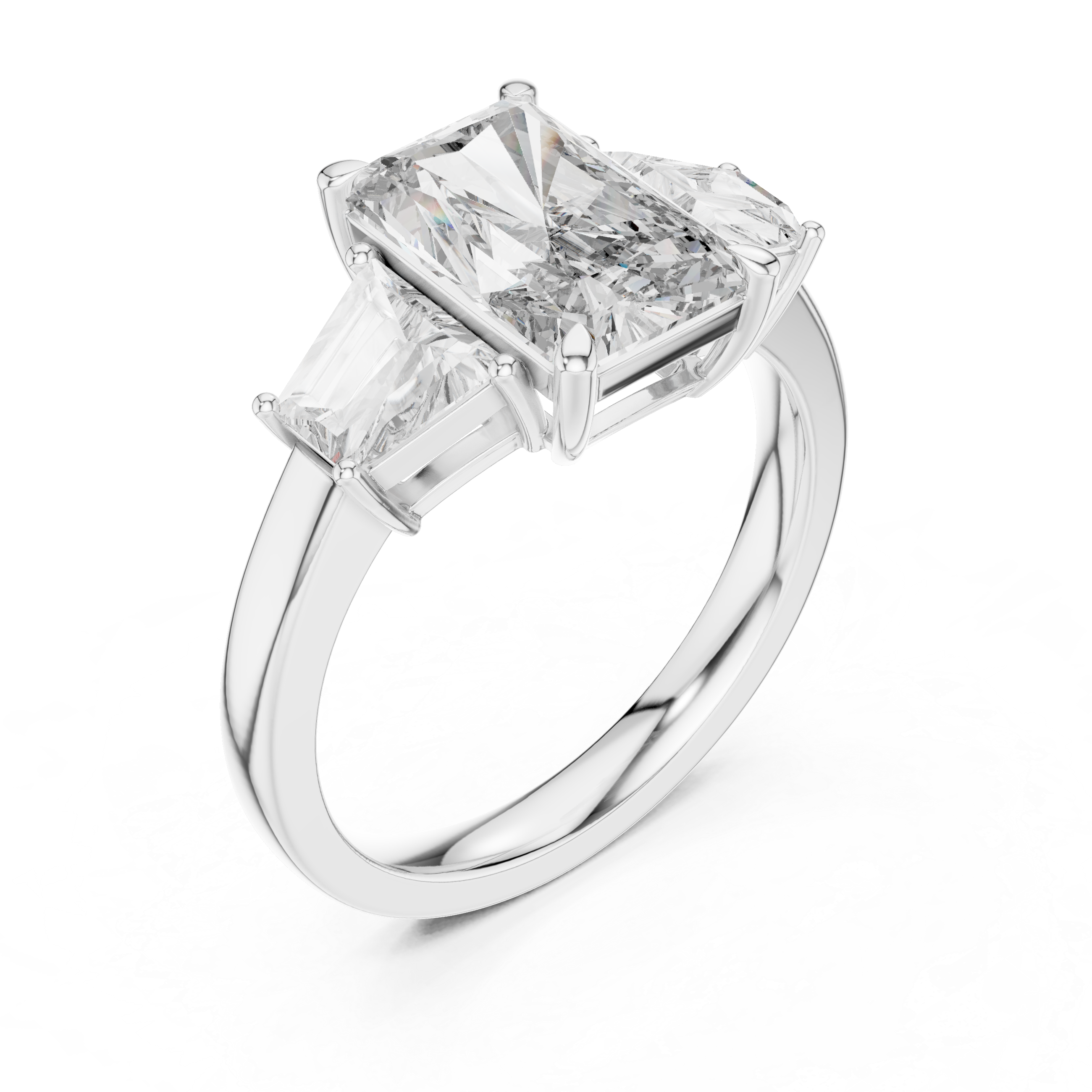 Three-Stone Diamond Engagement Ring with Rectangular Center Stone
