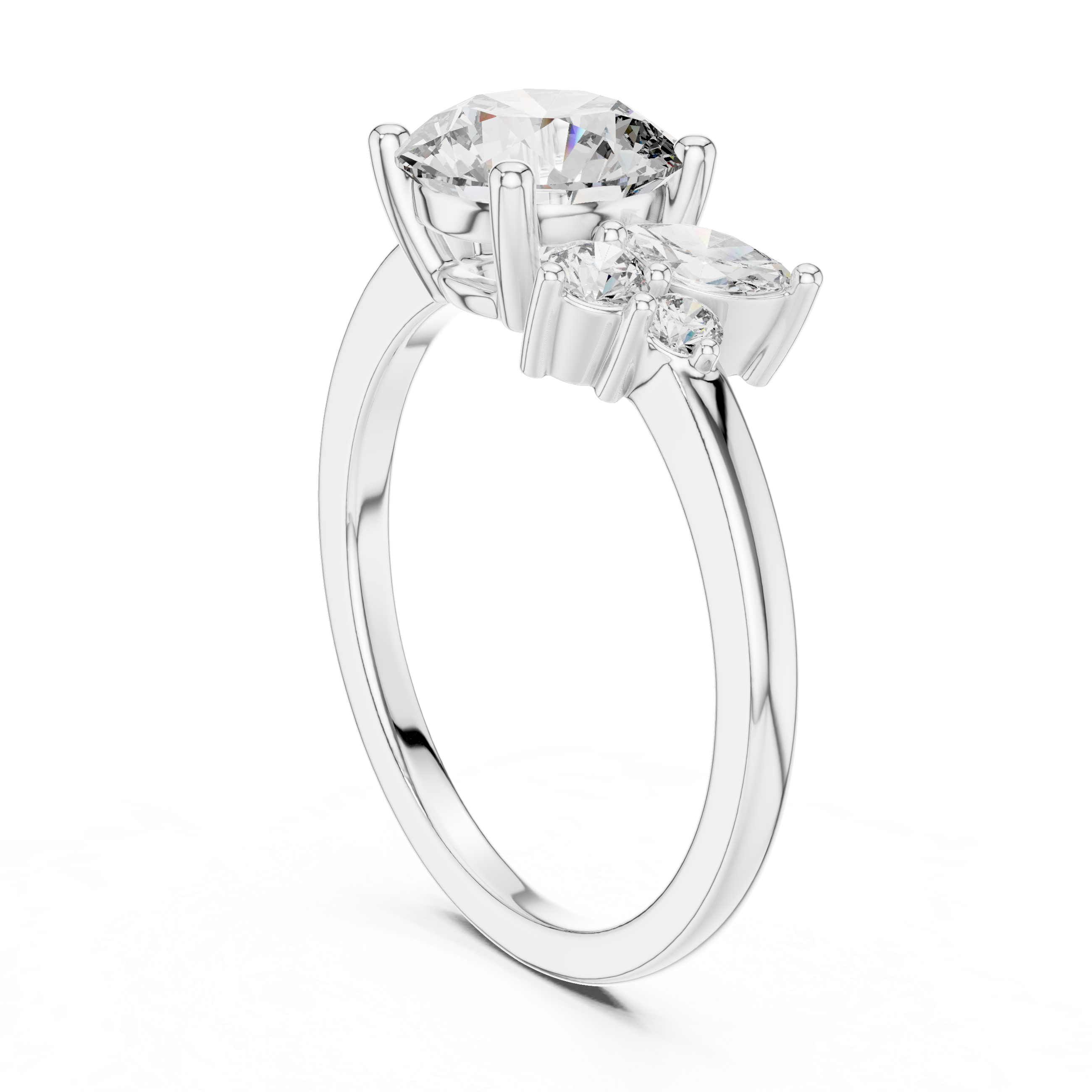 Elegant three-stone diamond engagement ring with a large center round