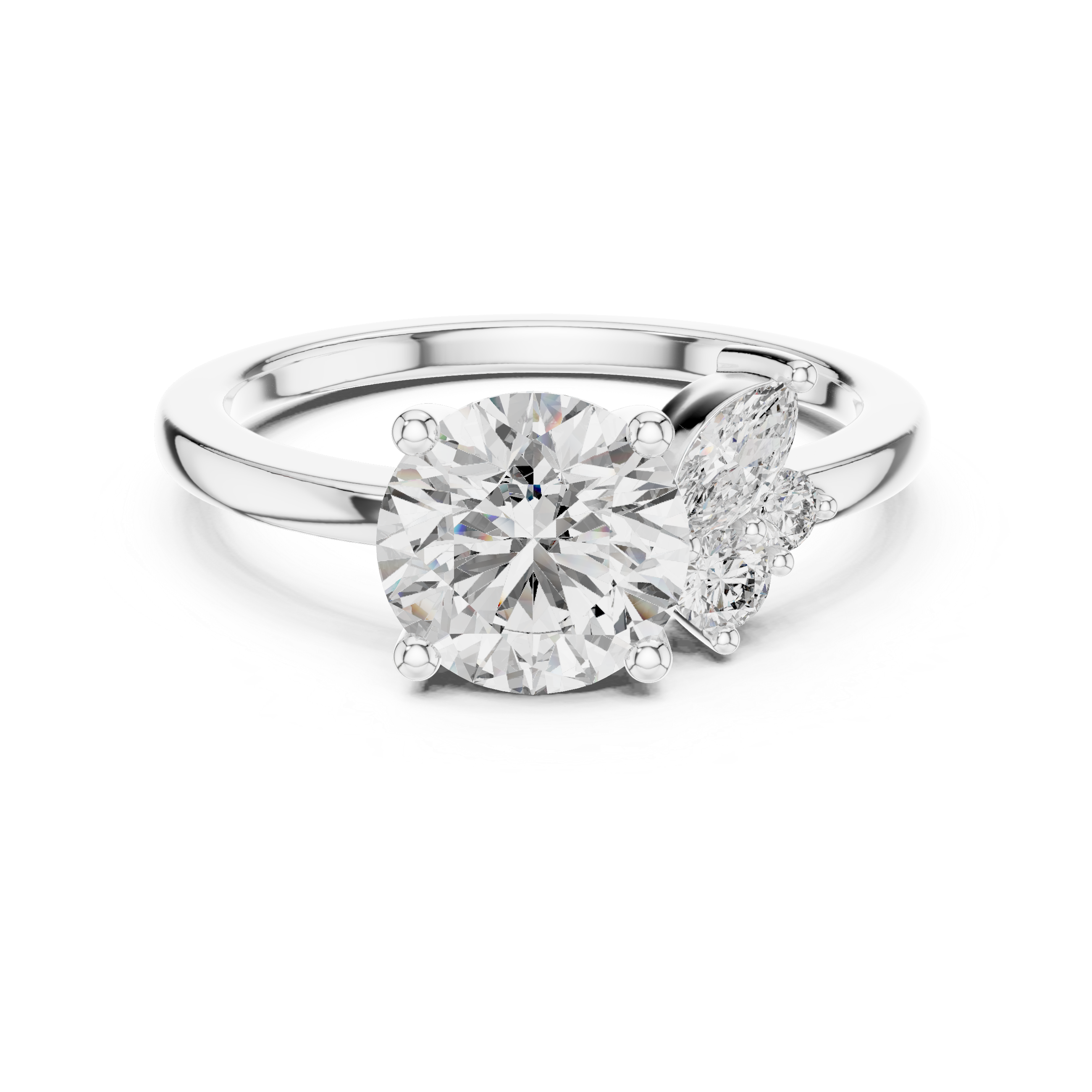 Elegant three-stone diamond engagement ring with a large center round