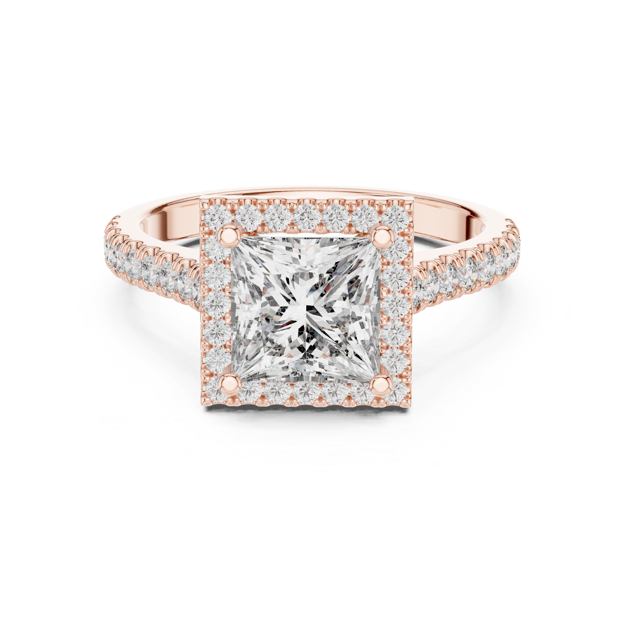 Square halo diamond ring with a large center stone and diamond accents along the band.