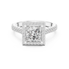 Square halo diamond ring with a large center stone and diamond accents along the band.
