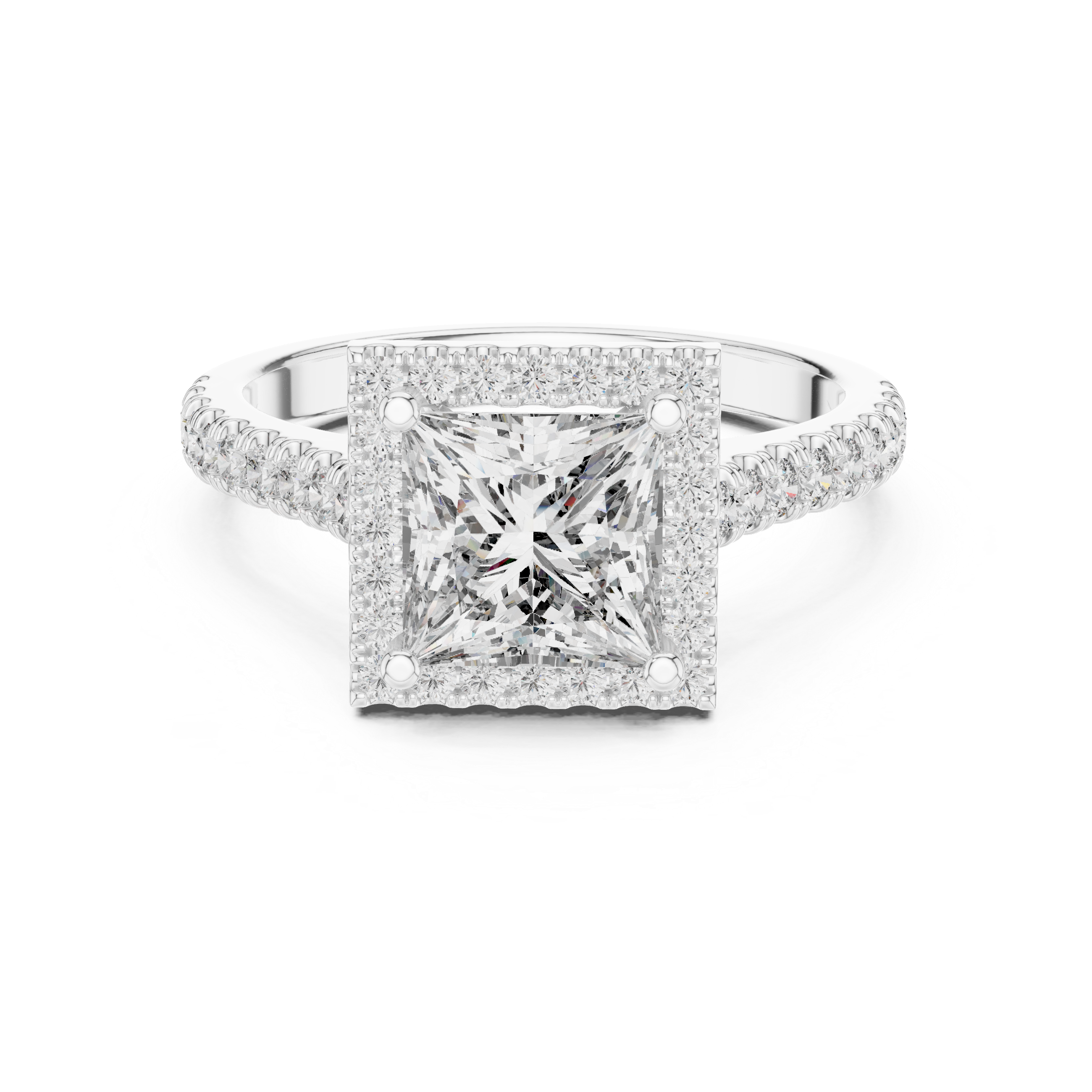 Square halo diamond ring with a large center stone and diamond accents along the band.