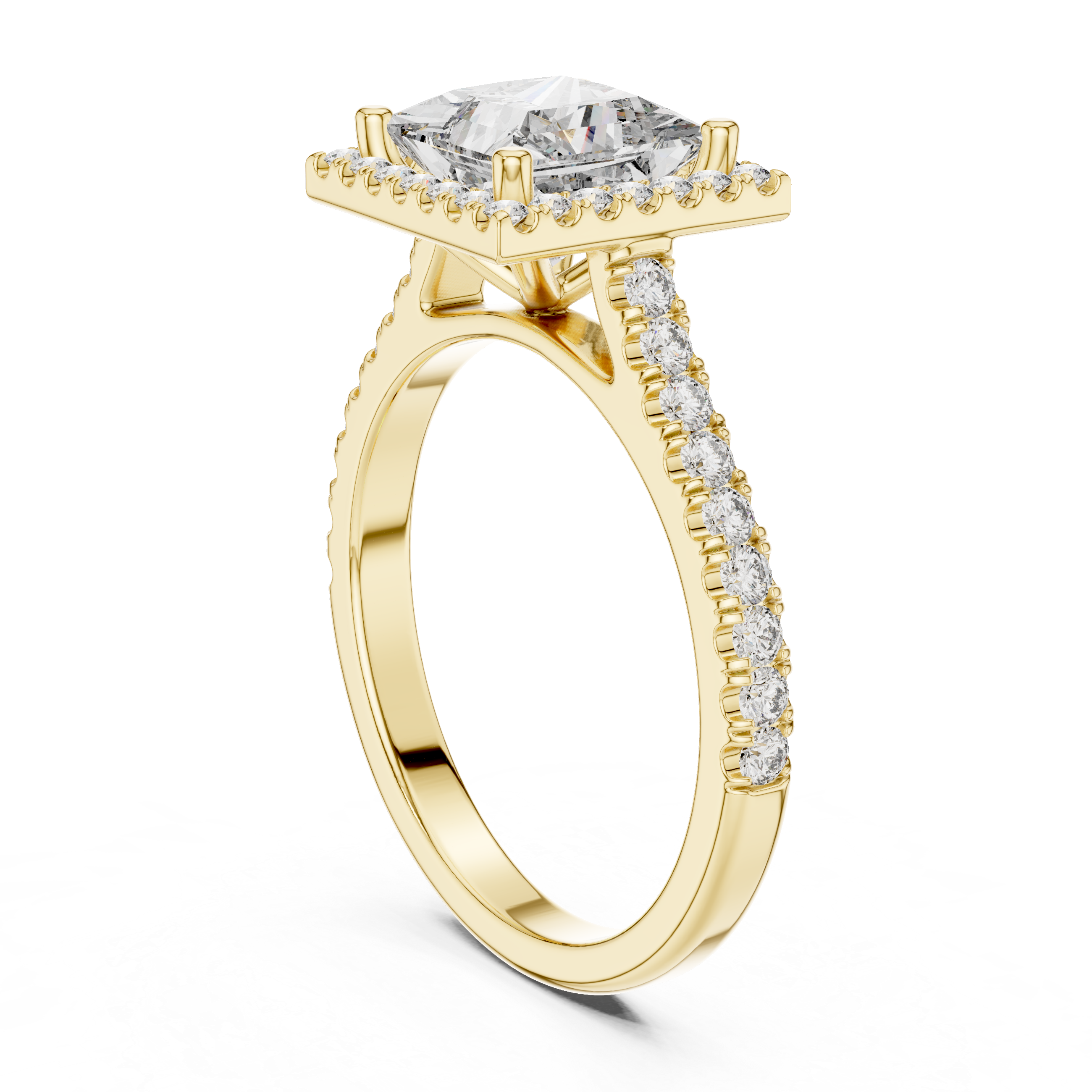 Square halo diamond ring with a large center stone and diamond accents along the band.