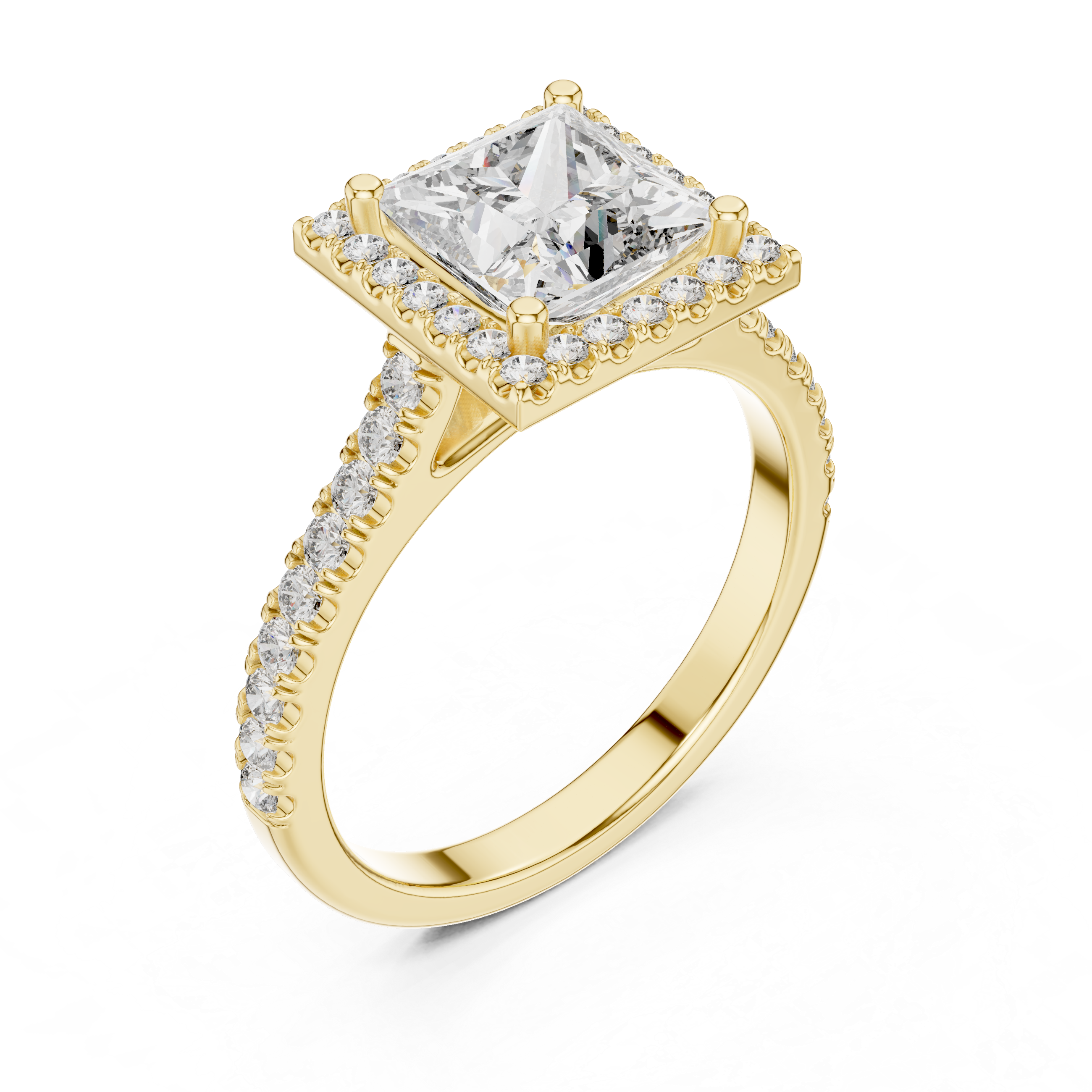 Square halo diamond ring with a large center stone and diamond accents along the band.