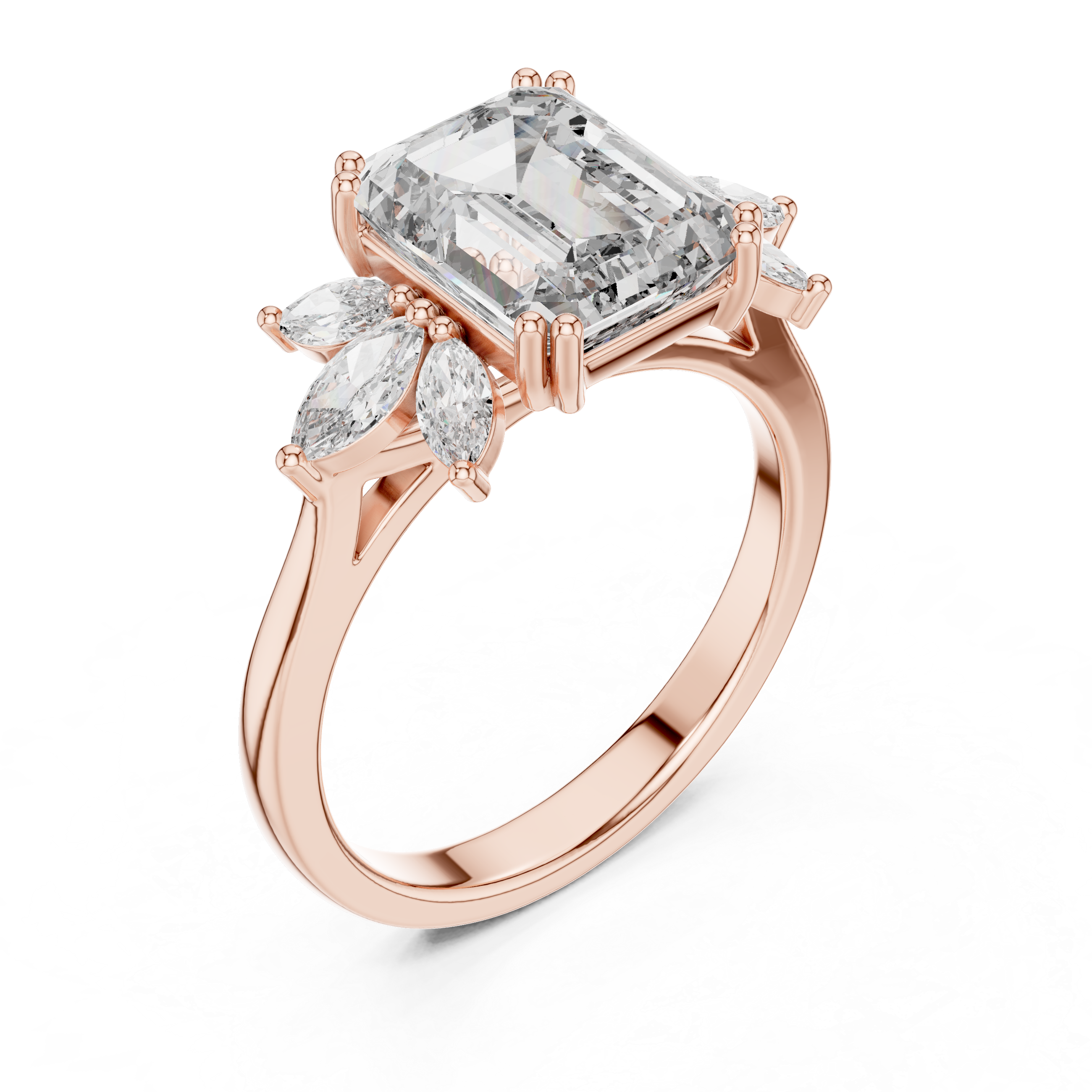 Emerald-cut solitaire ring with marquise diamonds