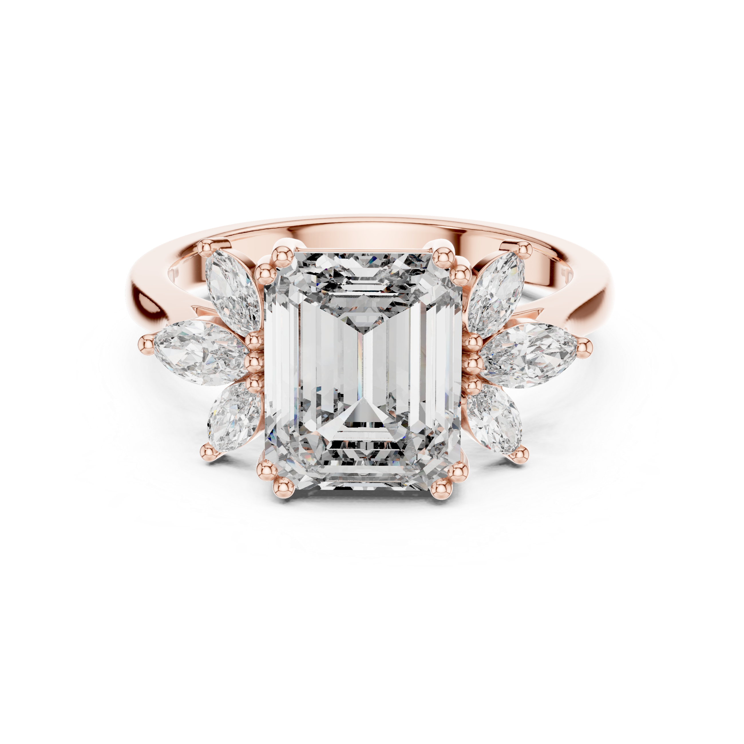 Emerald-cut solitaire ring with marquise diamonds