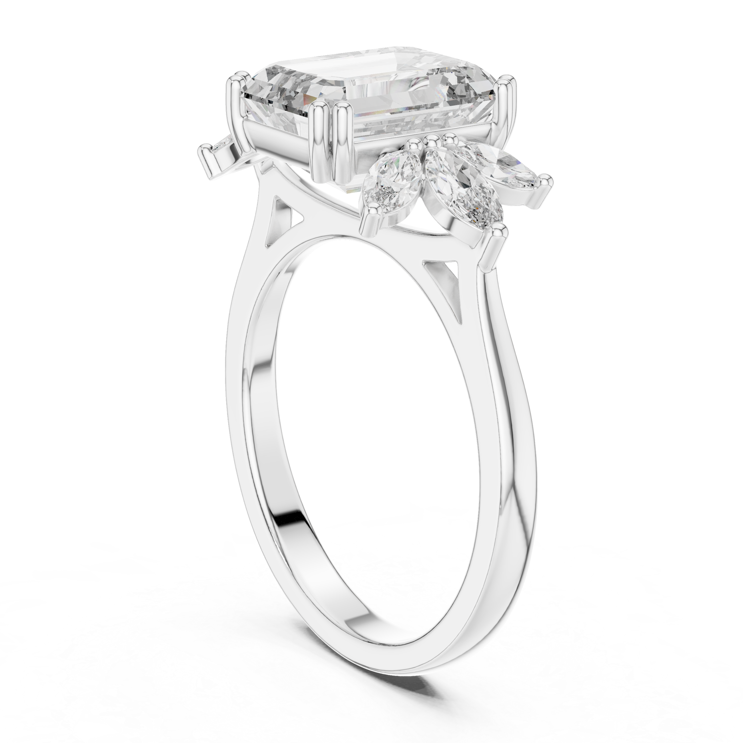 Emerald-cut solitaire ring with marquise diamonds