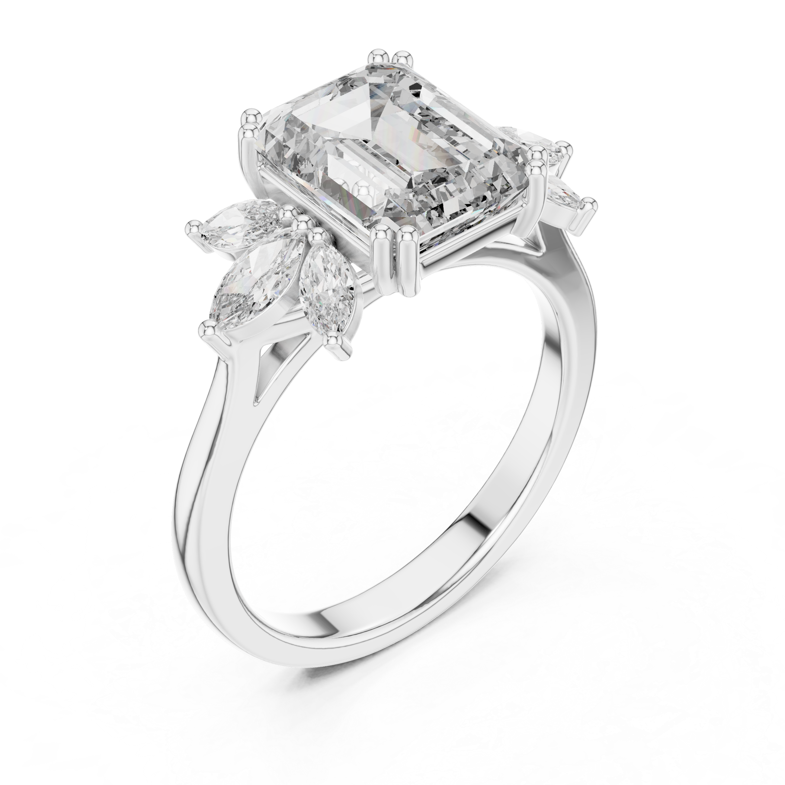 Emerald-cut solitaire ring with marquise diamonds