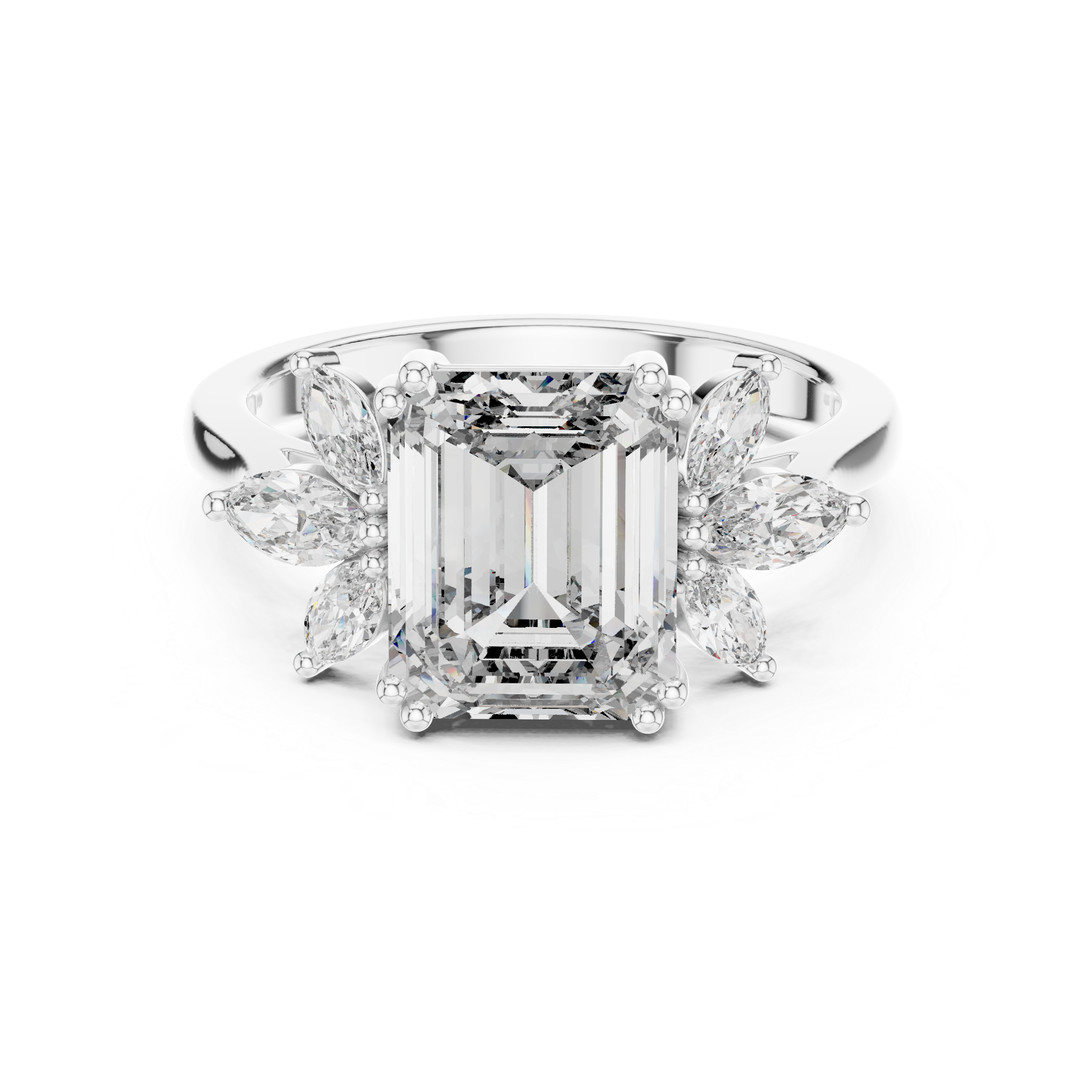 Emerald-cut solitaire ring with marquise diamonds