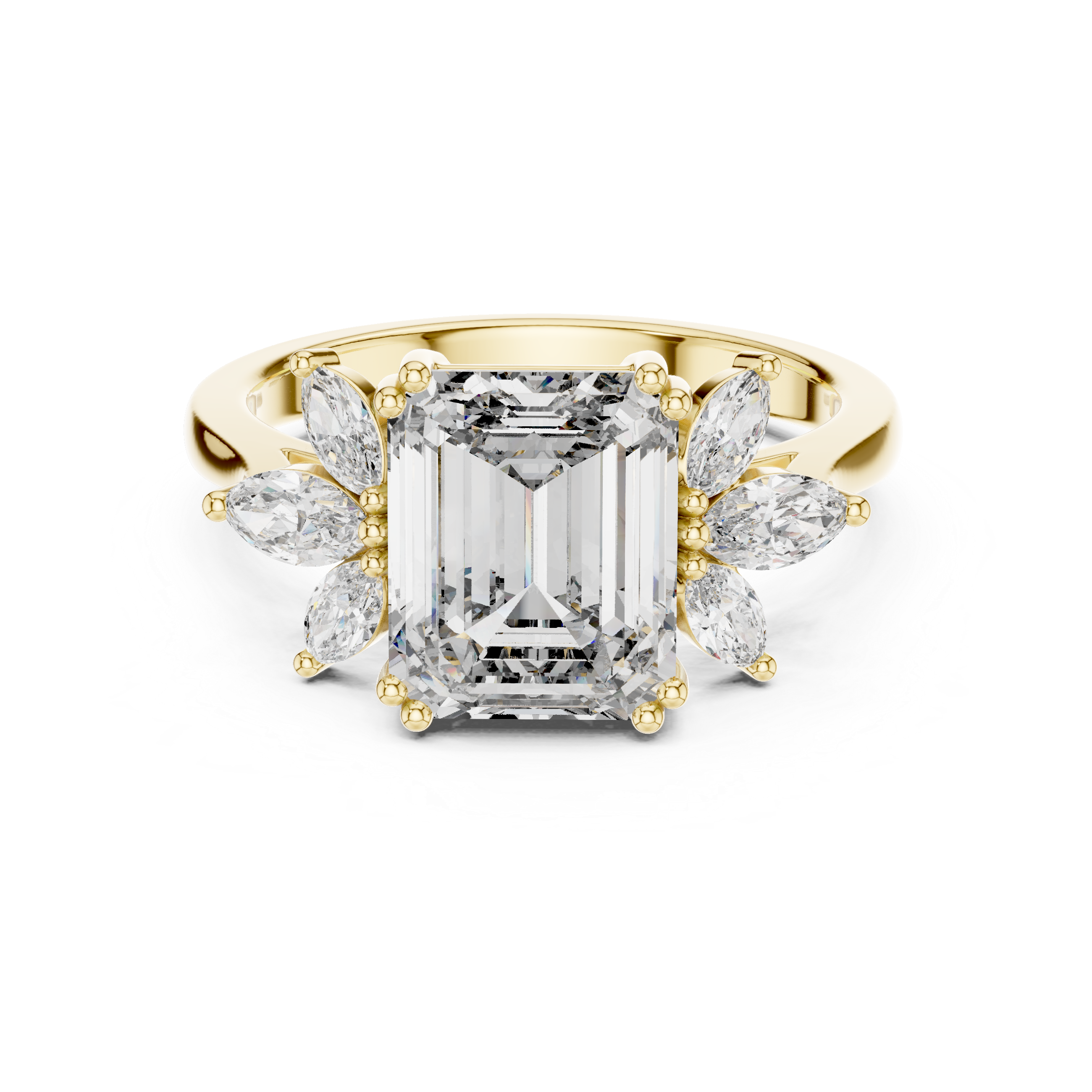 Emerald-cut solitaire ring with marquise diamonds