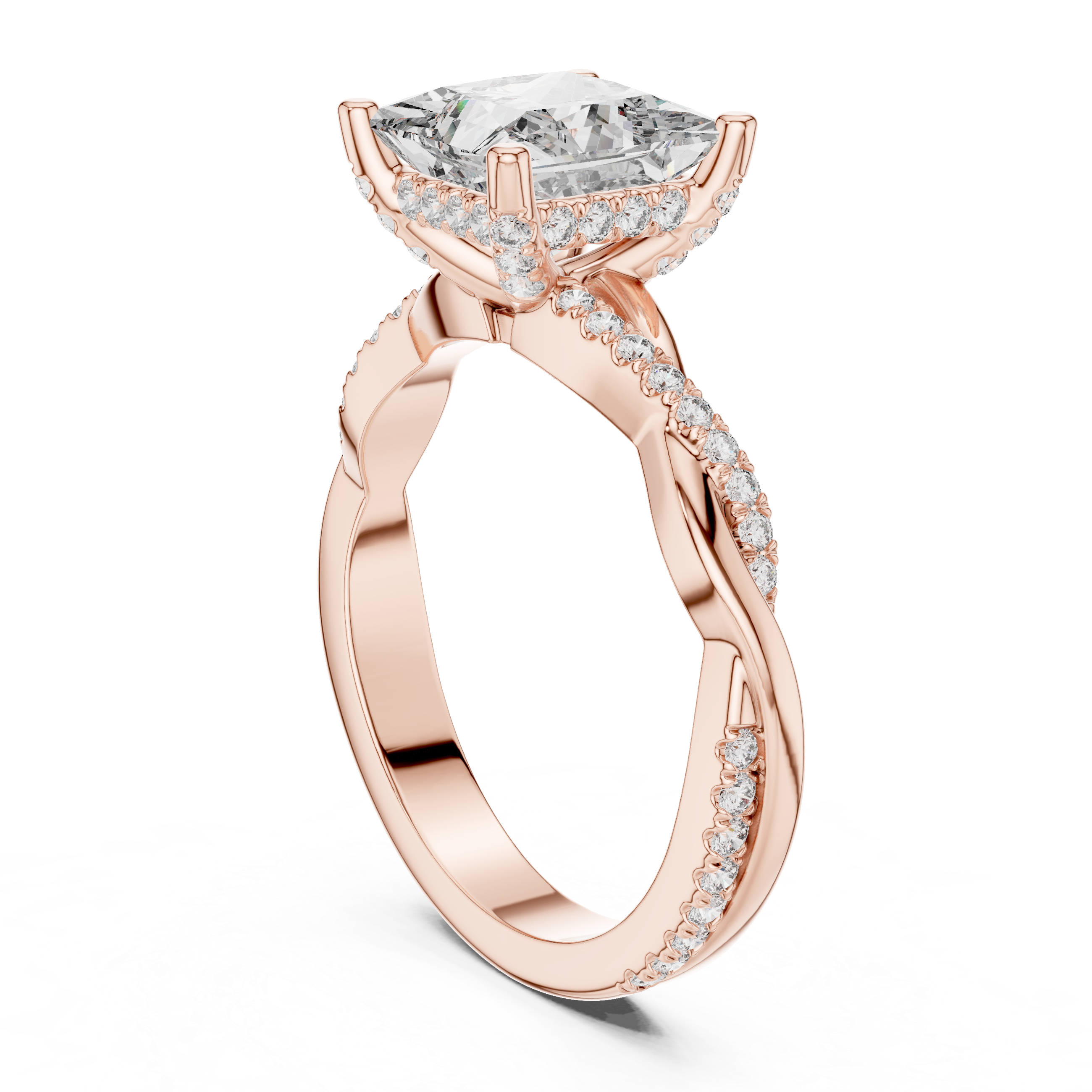 Twisted band engagement ring with a sparkling square-cut diamond centerpiece.