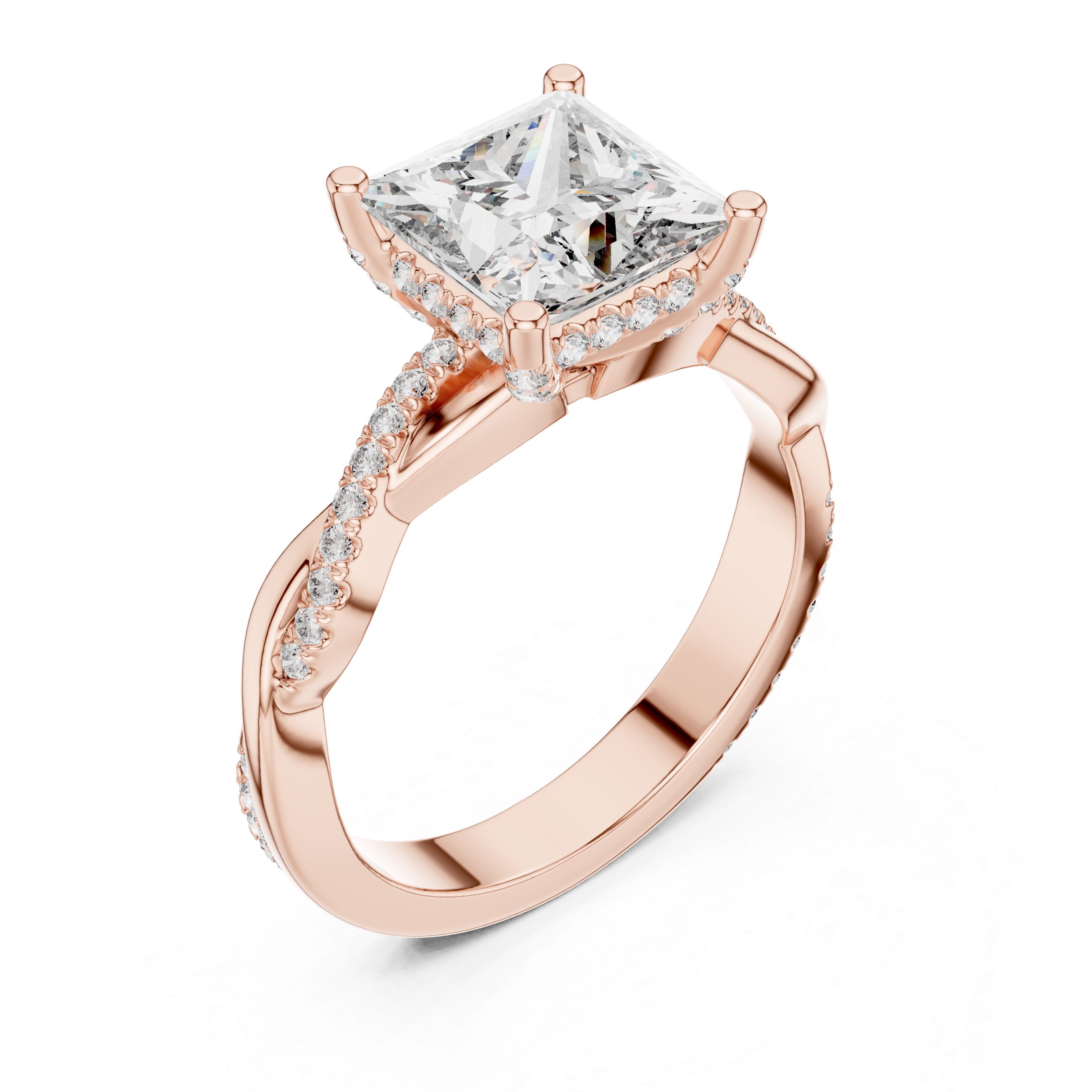 Twisted band engagement ring with a sparkling square-cut diamond centerpiece.