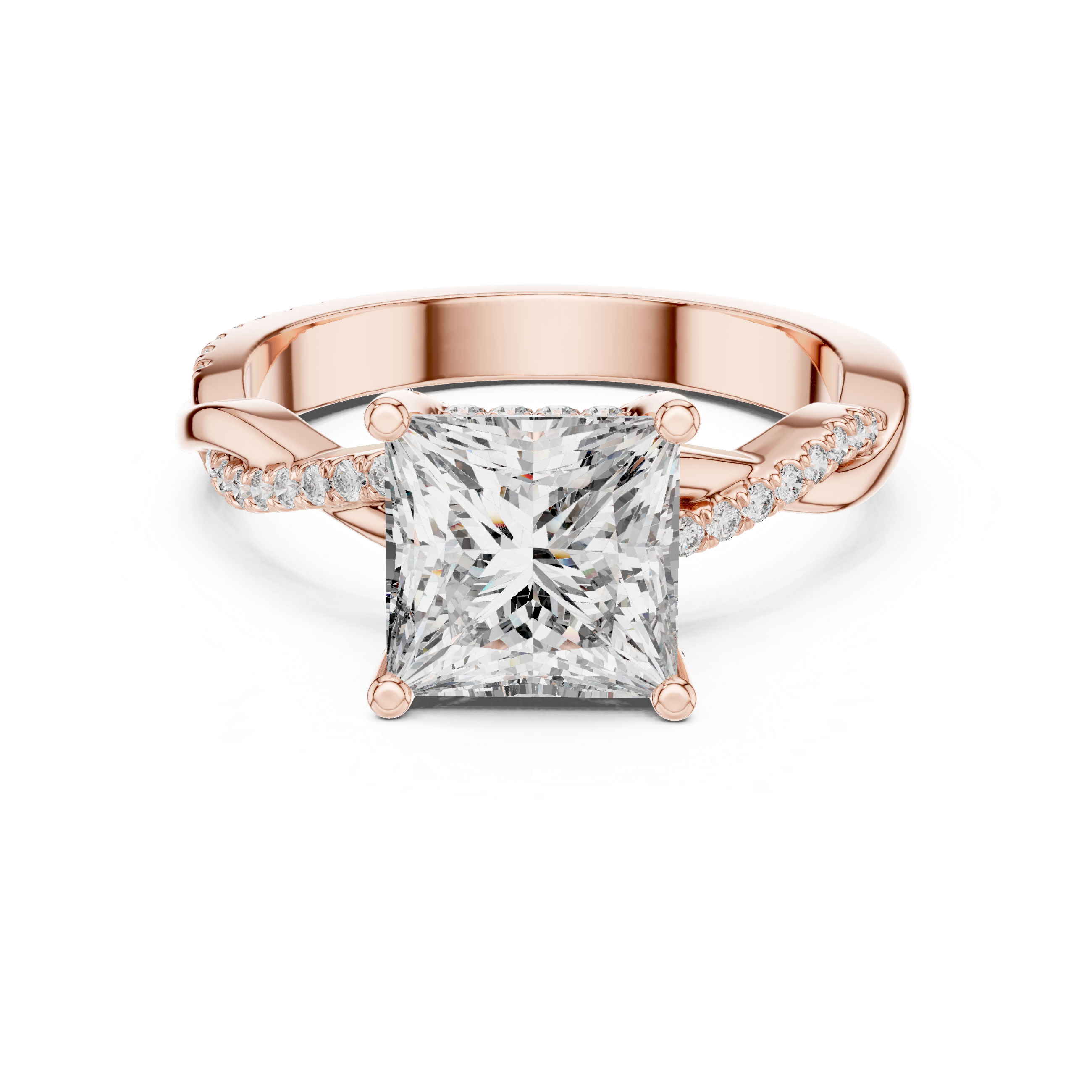 Twisted band engagement ring with a sparkling square-cut diamond centerpiece.
