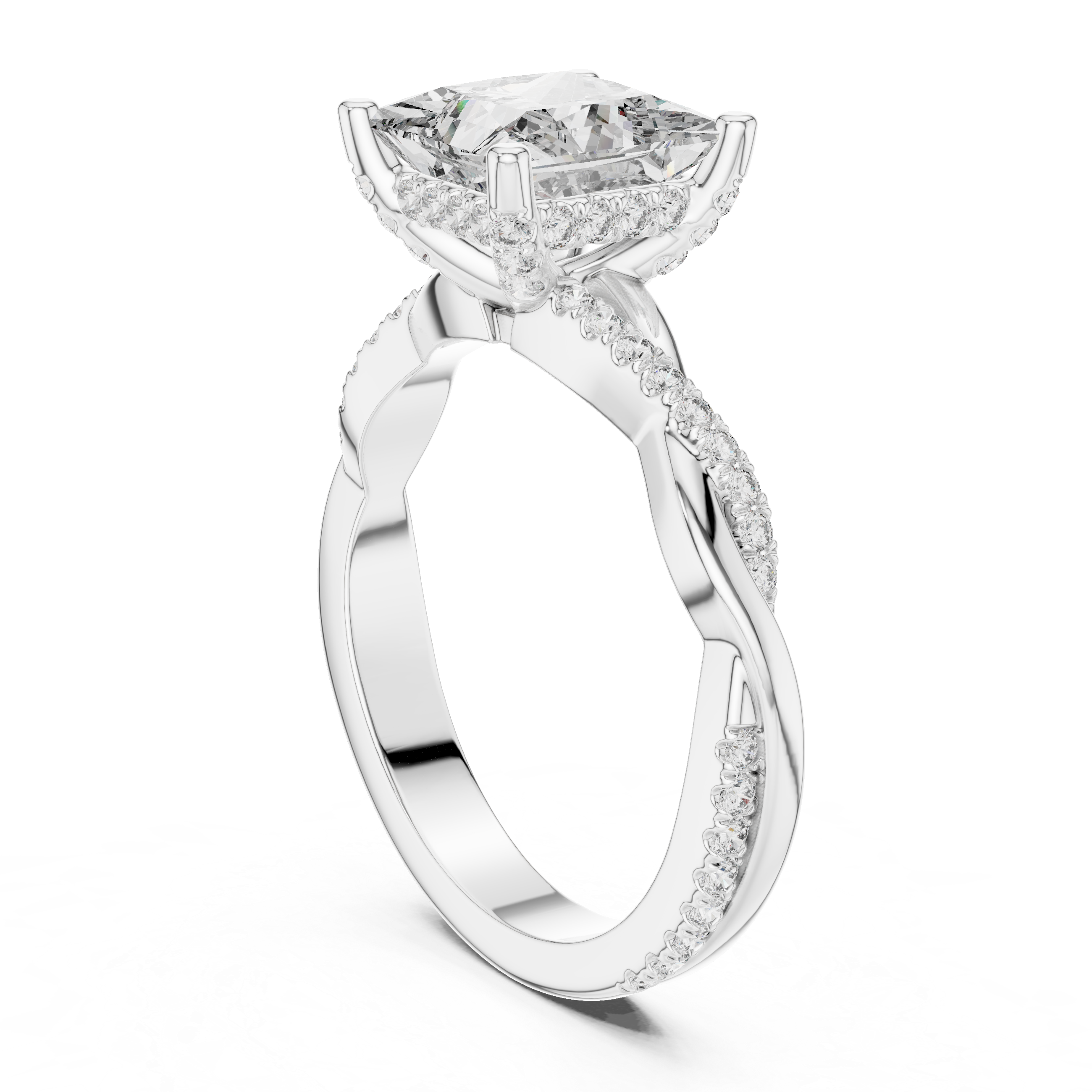 Twisted band engagement ring with a sparkling square-cut diamond centerpiece.