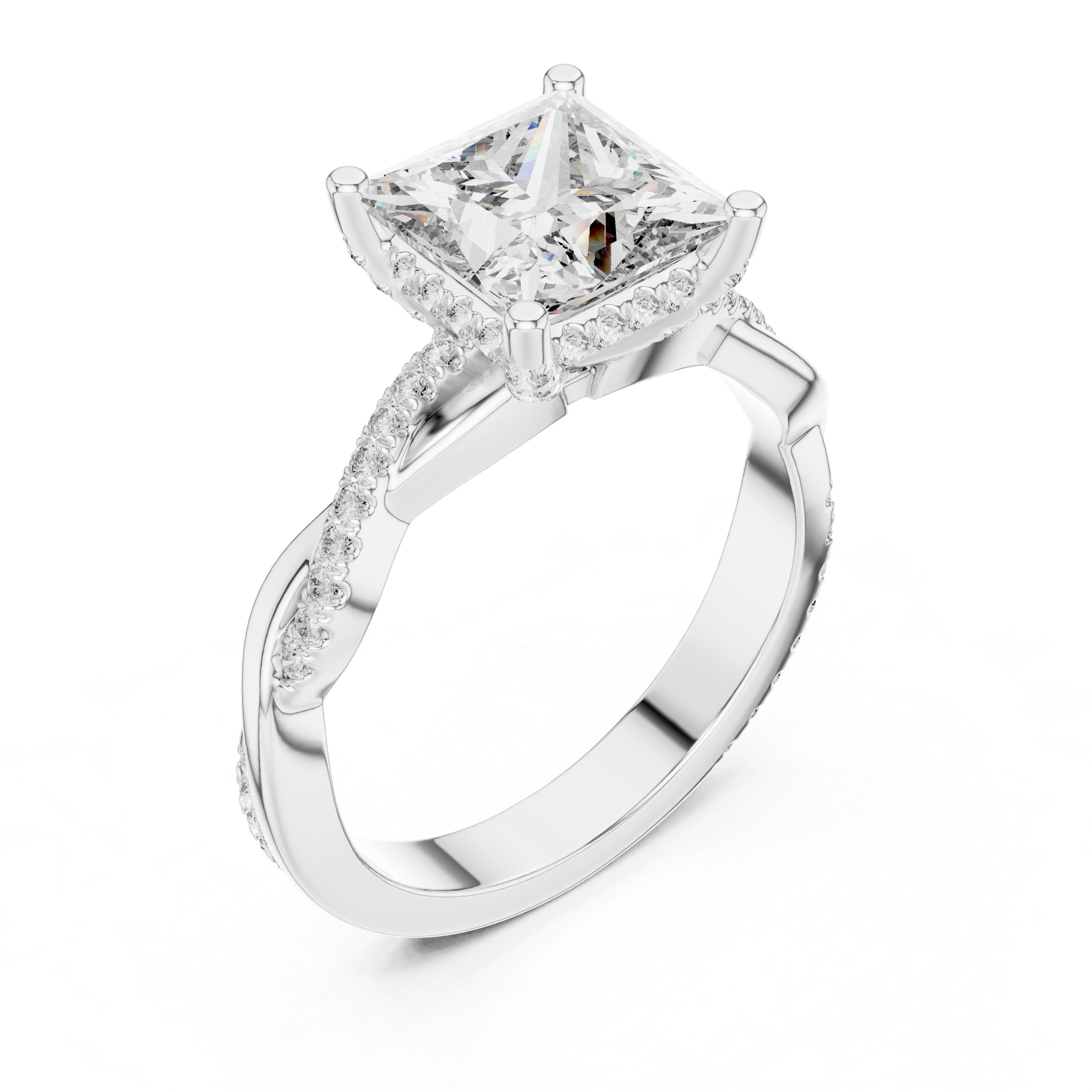 Twisted band engagement ring with a sparkling square-cut diamond centerpiece.