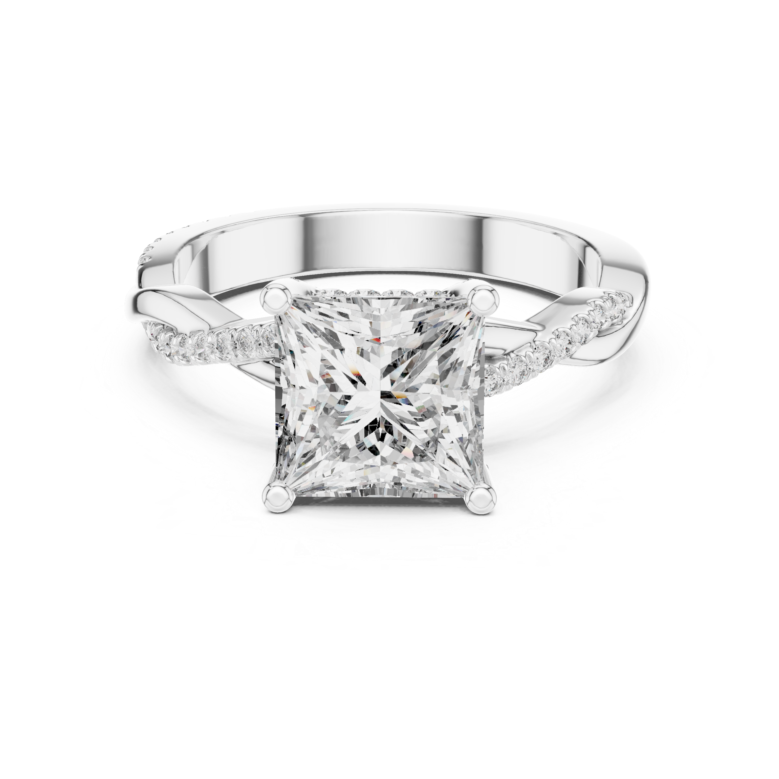 Twisted band engagement ring with a sparkling square-cut diamond centerpiece.