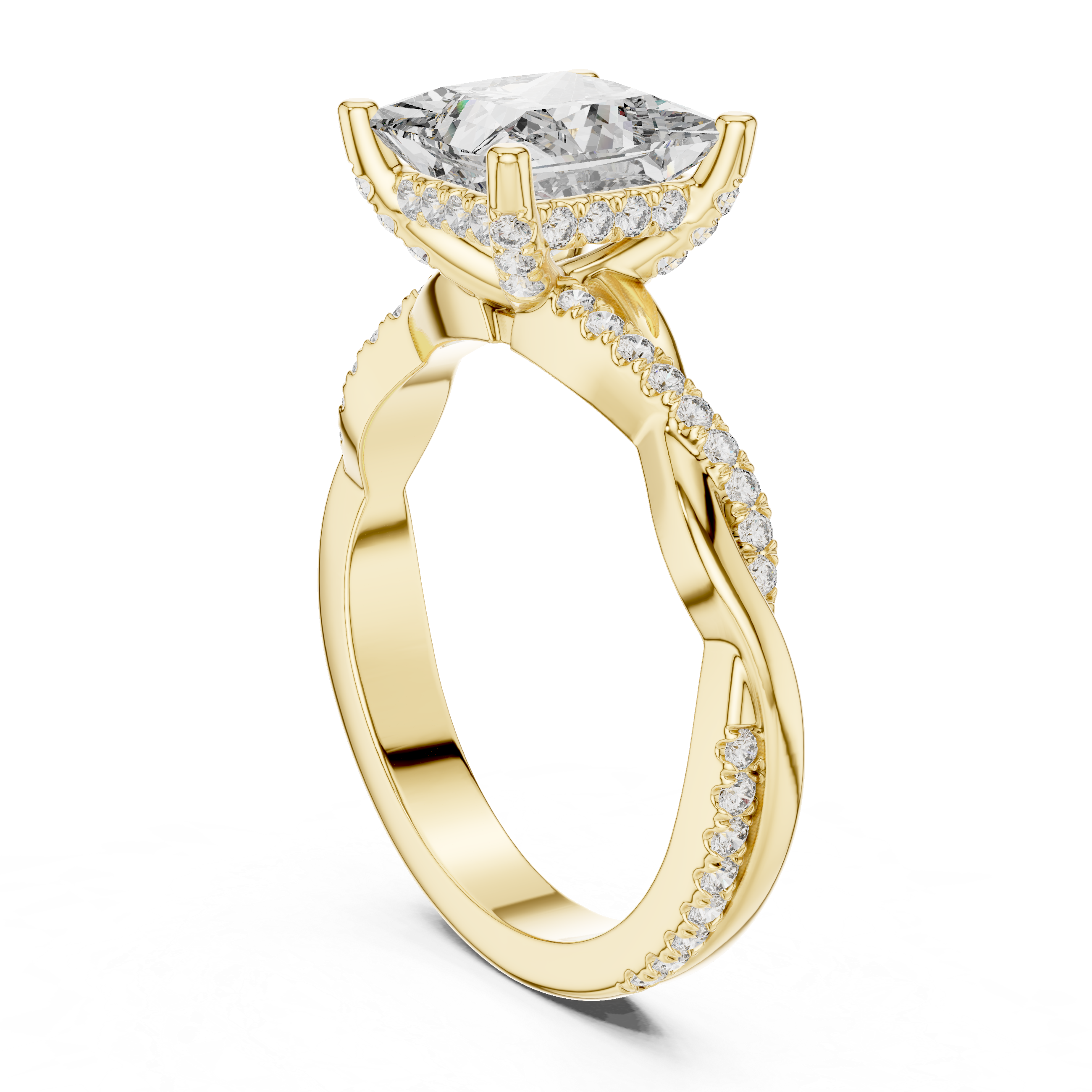 Twisted band engagement ring with a sparkling square-cut diamond centerpiece.