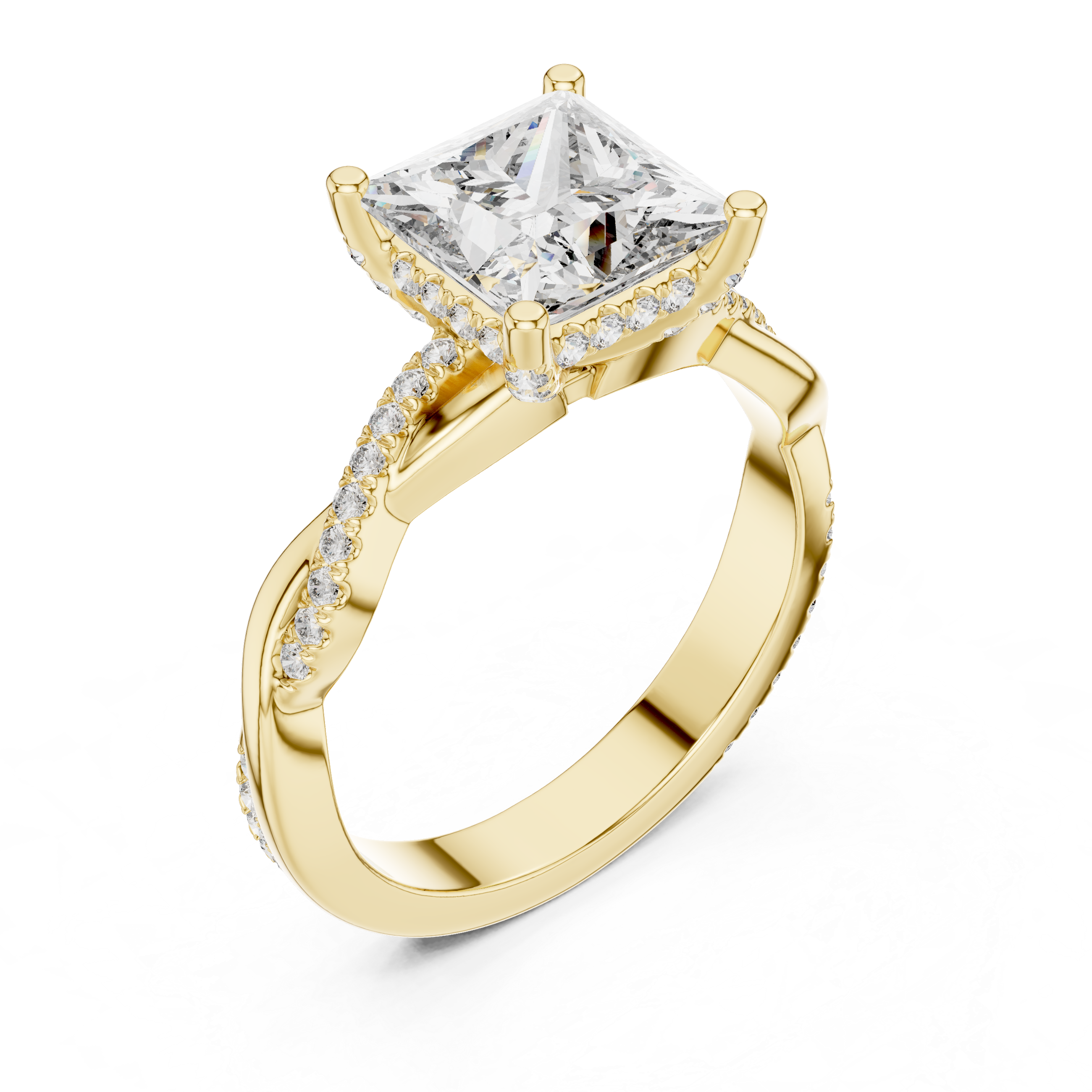 Twisted band engagement ring with a sparkling square-cut diamond centerpiece.