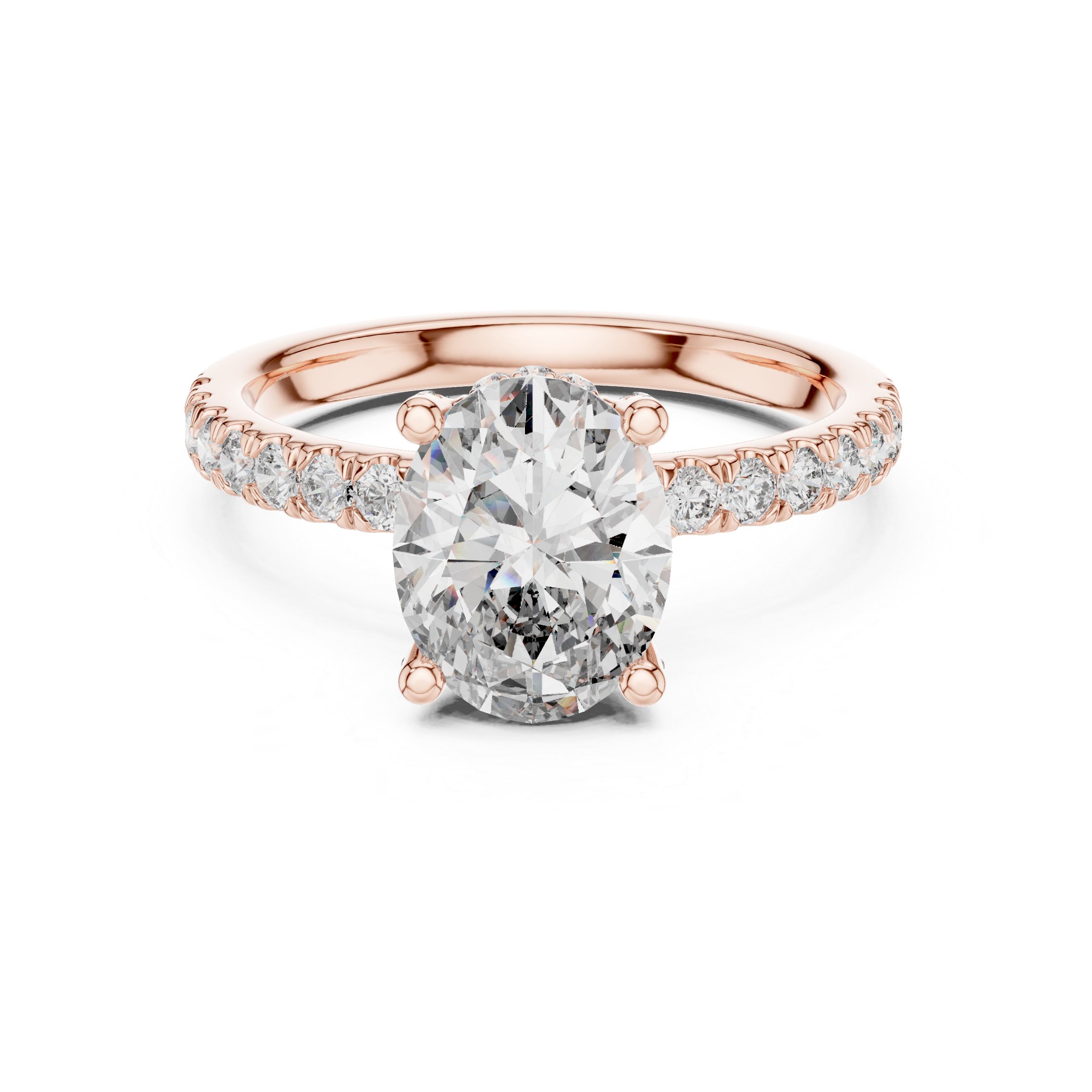 Diamond halo engagement ring with a round center stone and a diamond-studded band.