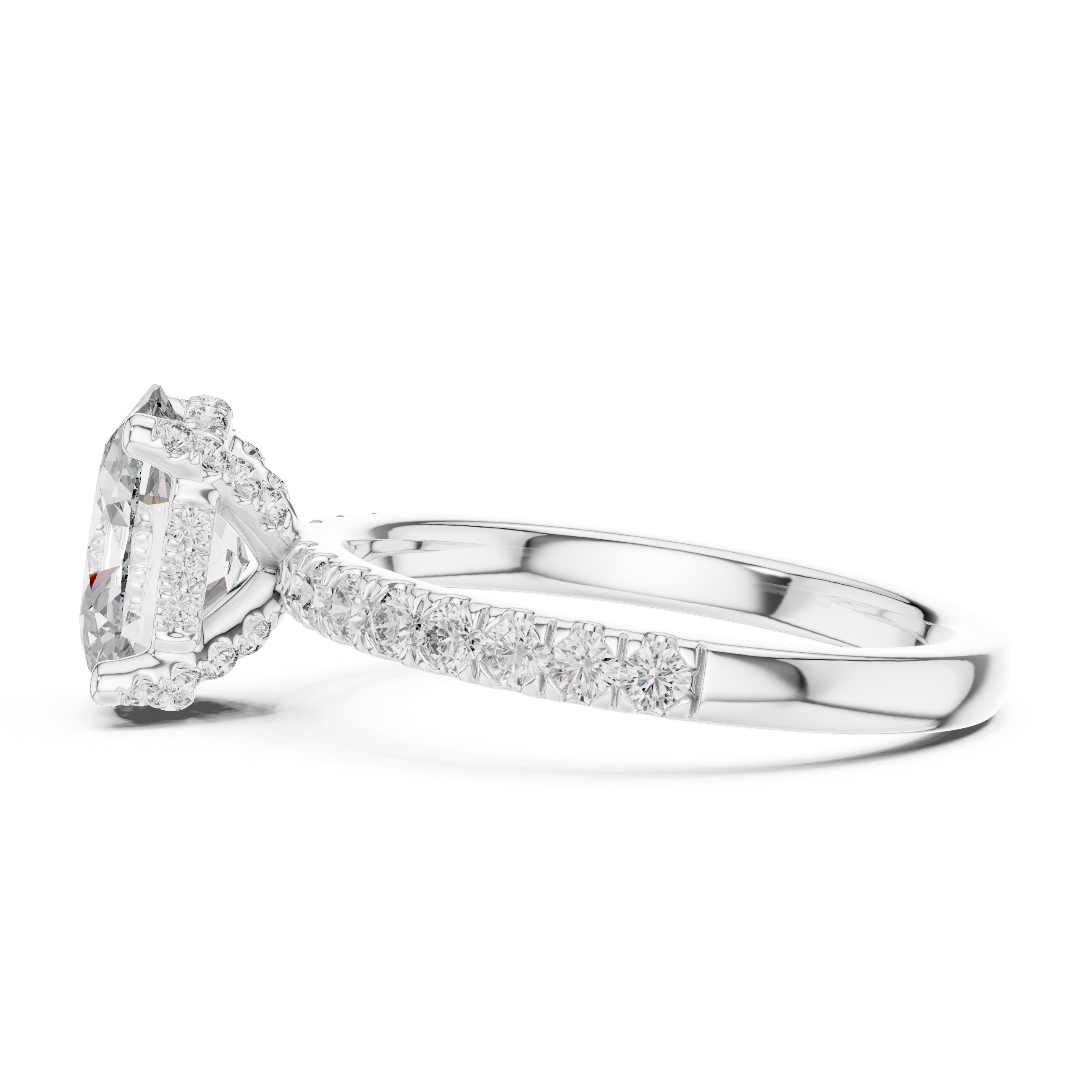 Diamond halo engagement ring with a round center stone and a diamond-studded band.