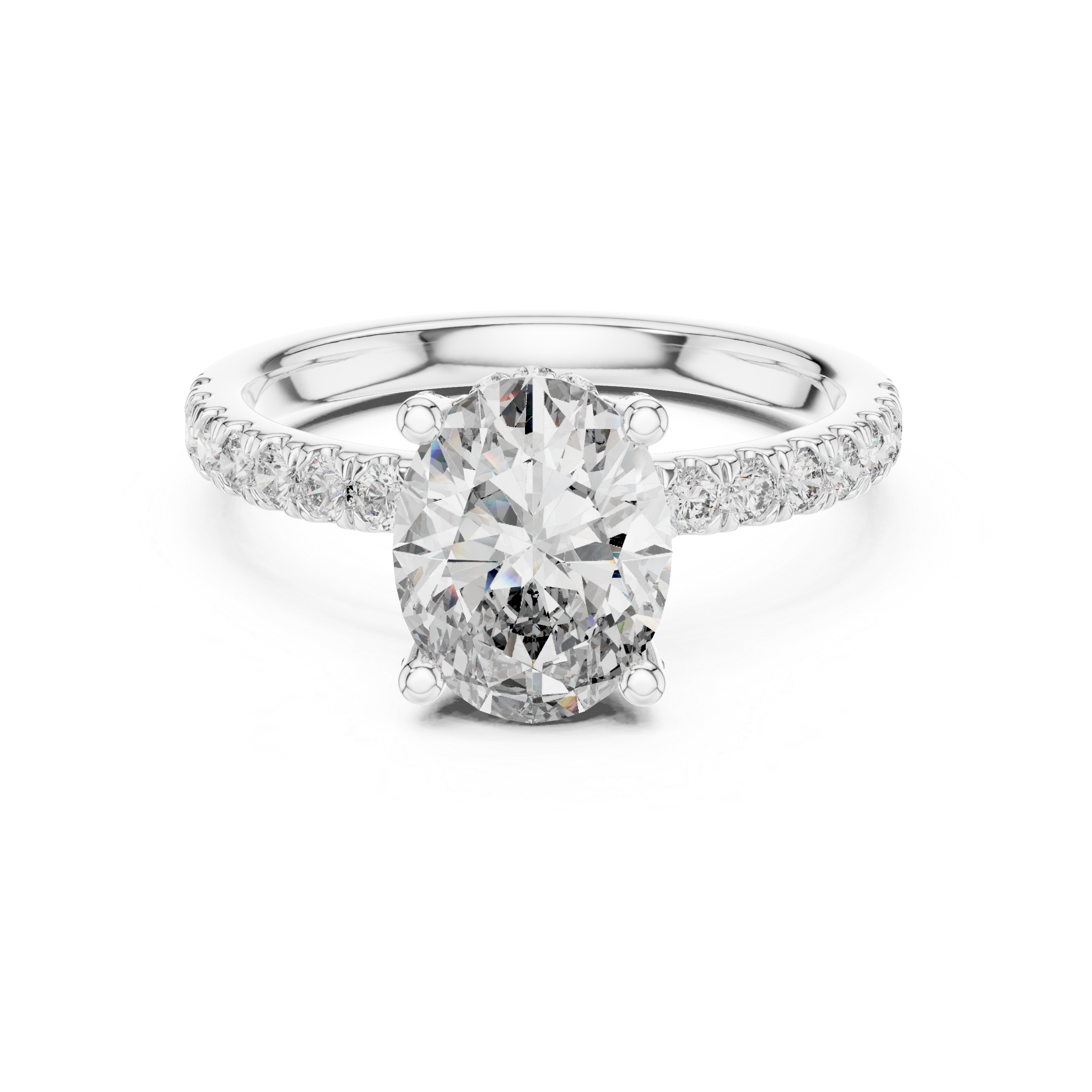 Diamond halo engagement ring with a round center stone and a diamond-studded band.