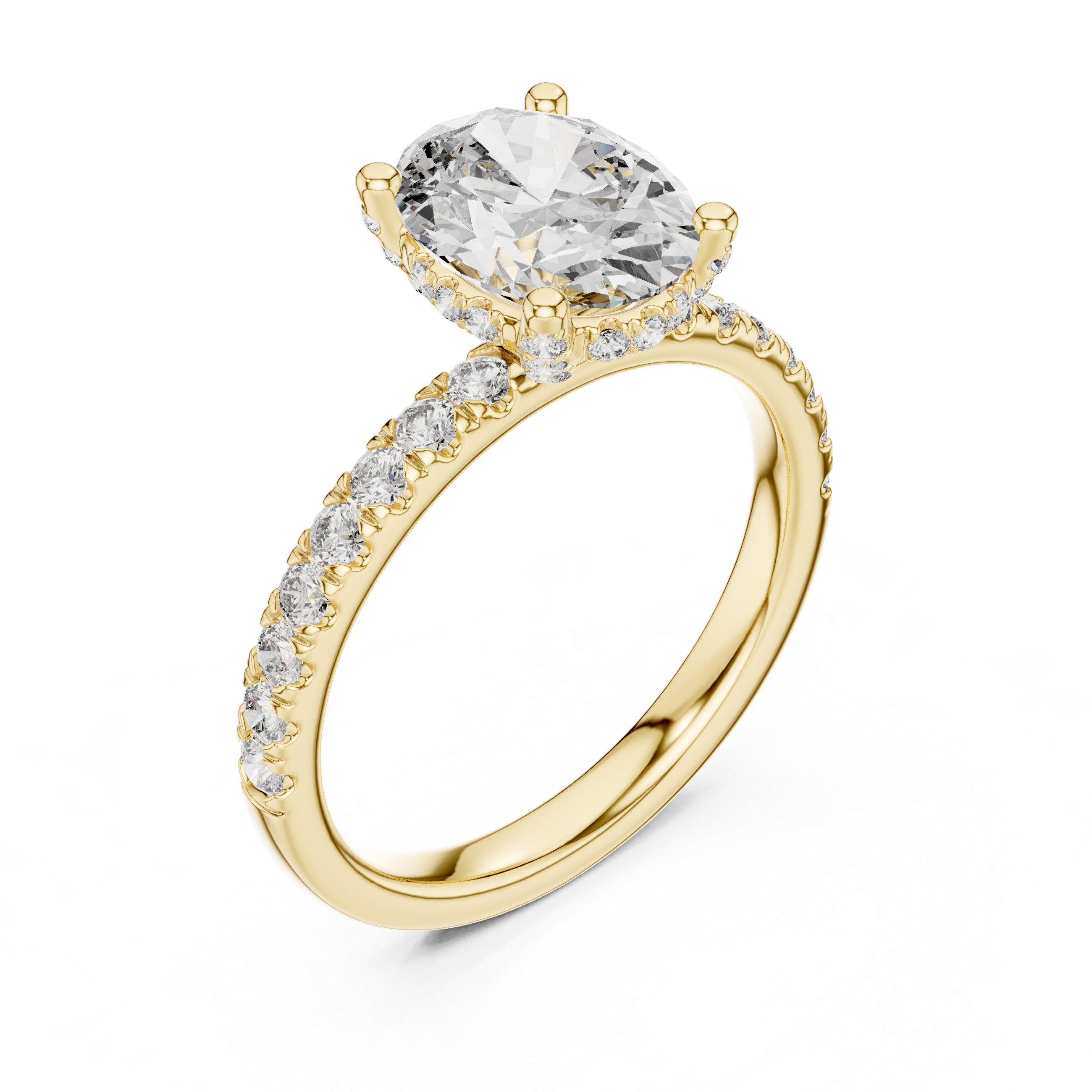 Diamond halo engagement ring with a round center stone and a diamond-studded band.