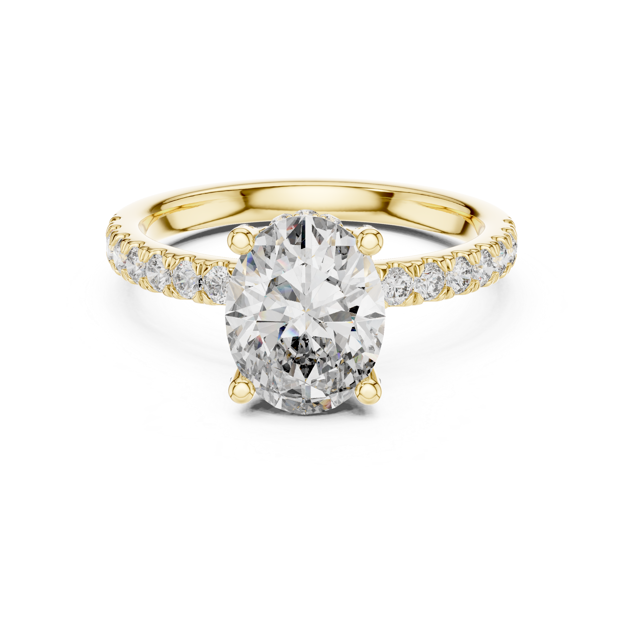 Diamond halo engagement ring with a round center stone and a diamond-studded band.