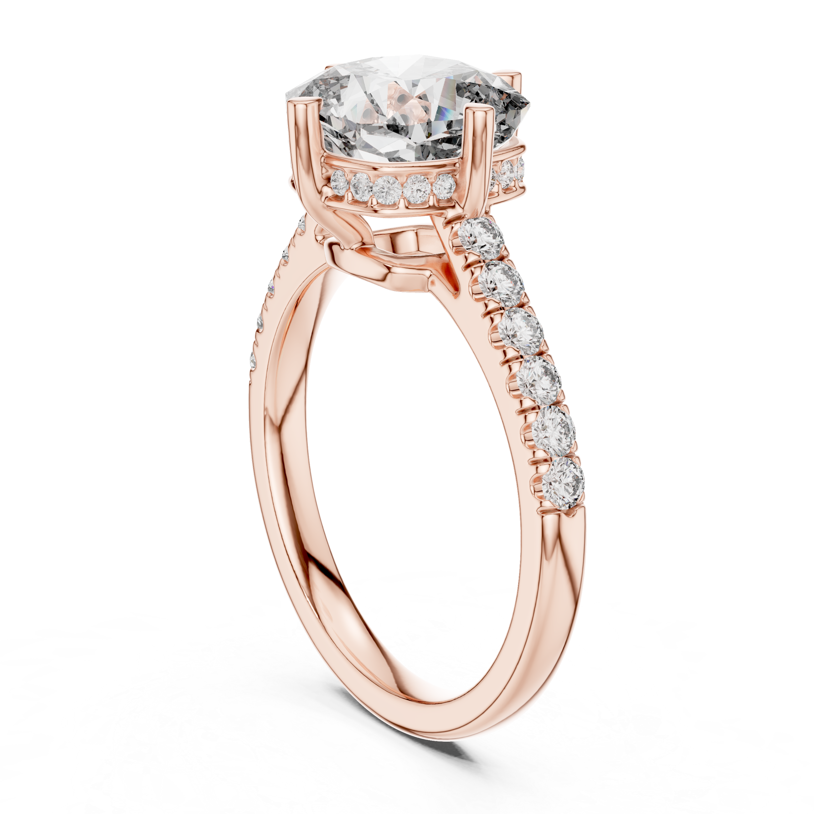 Engagement ring with a round center stone and diamond-accented band.