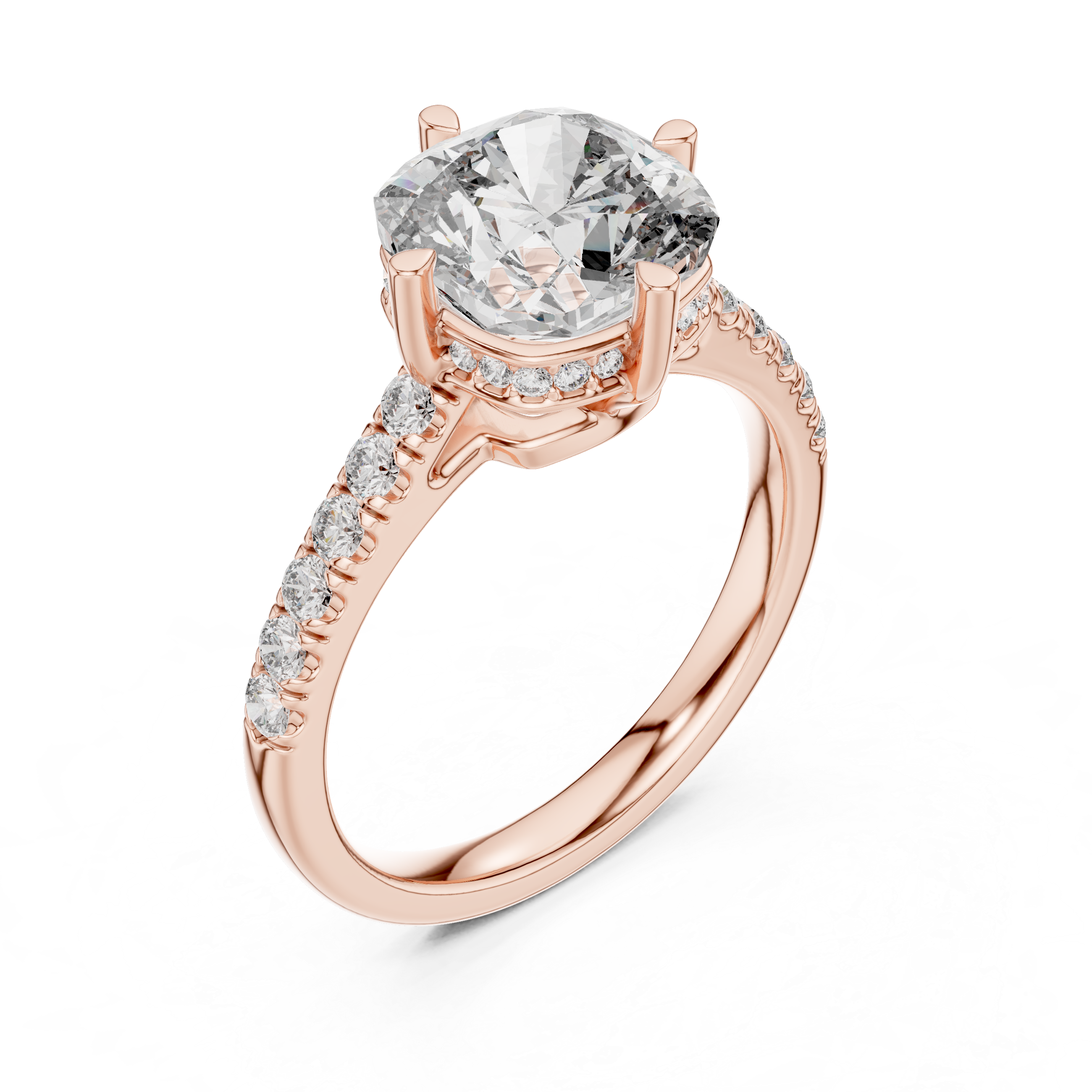 Engagement ring with a round center stone and diamond-accented band.