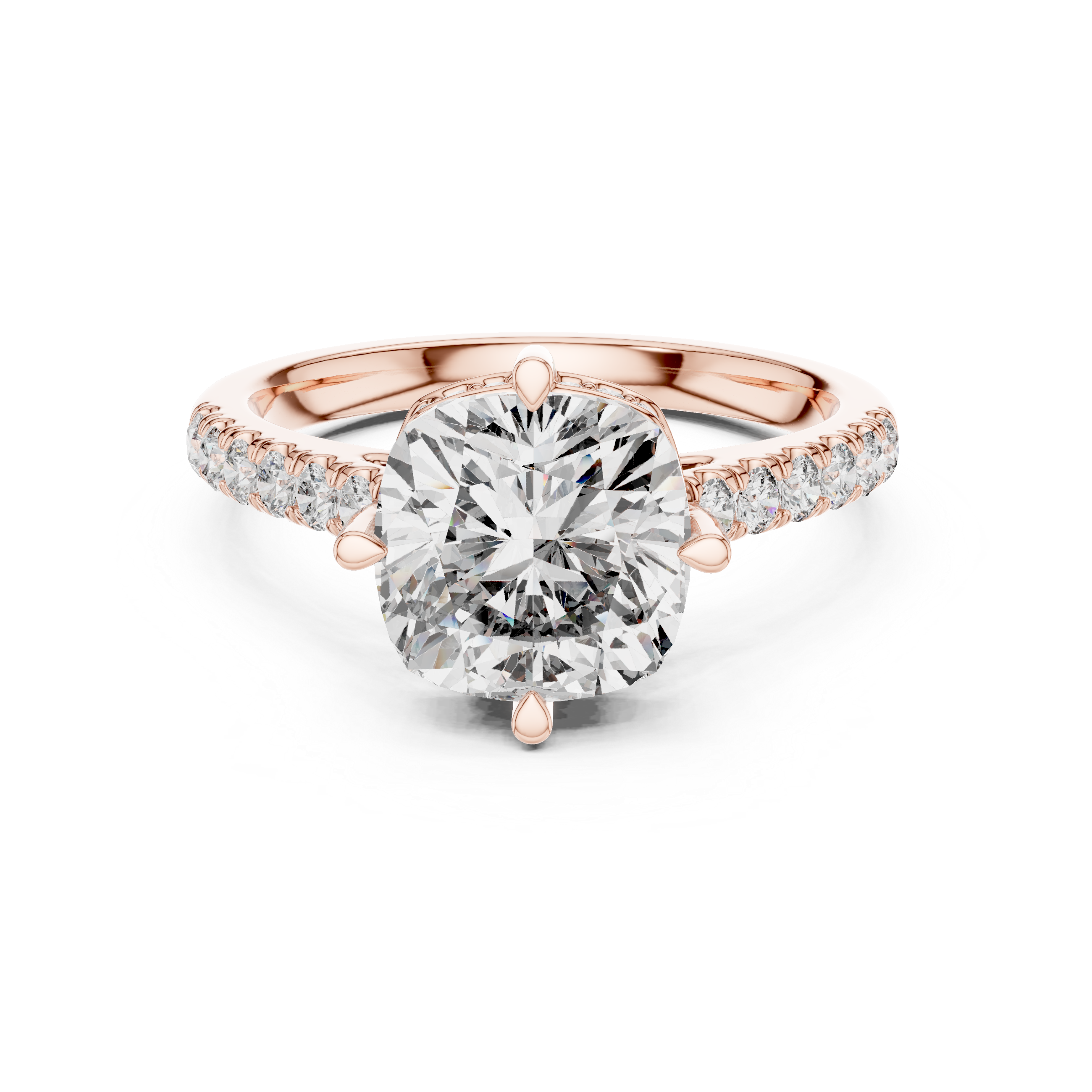 Engagement ring with a round center stone and diamond-accented band.