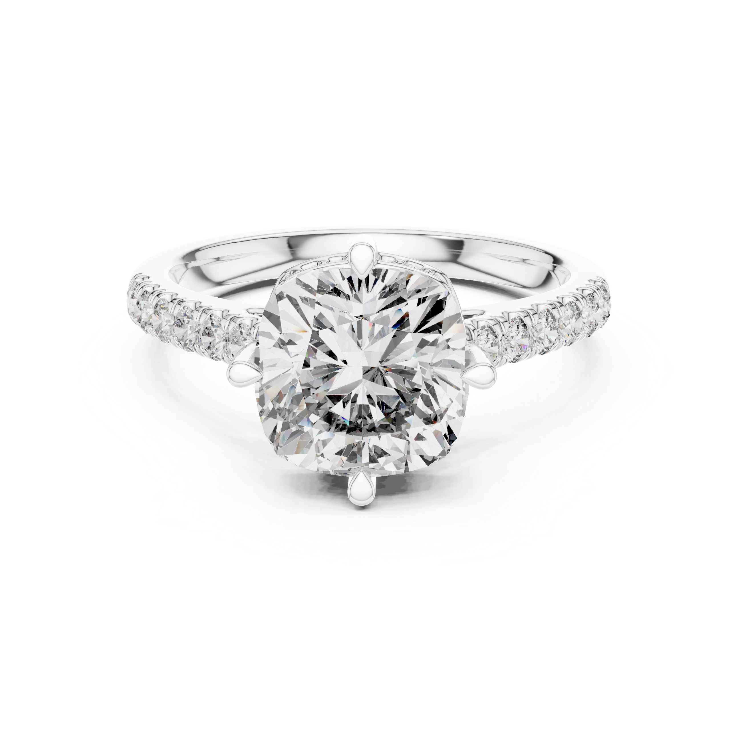 Engagement ring with a round center stone and diamond-accented band.