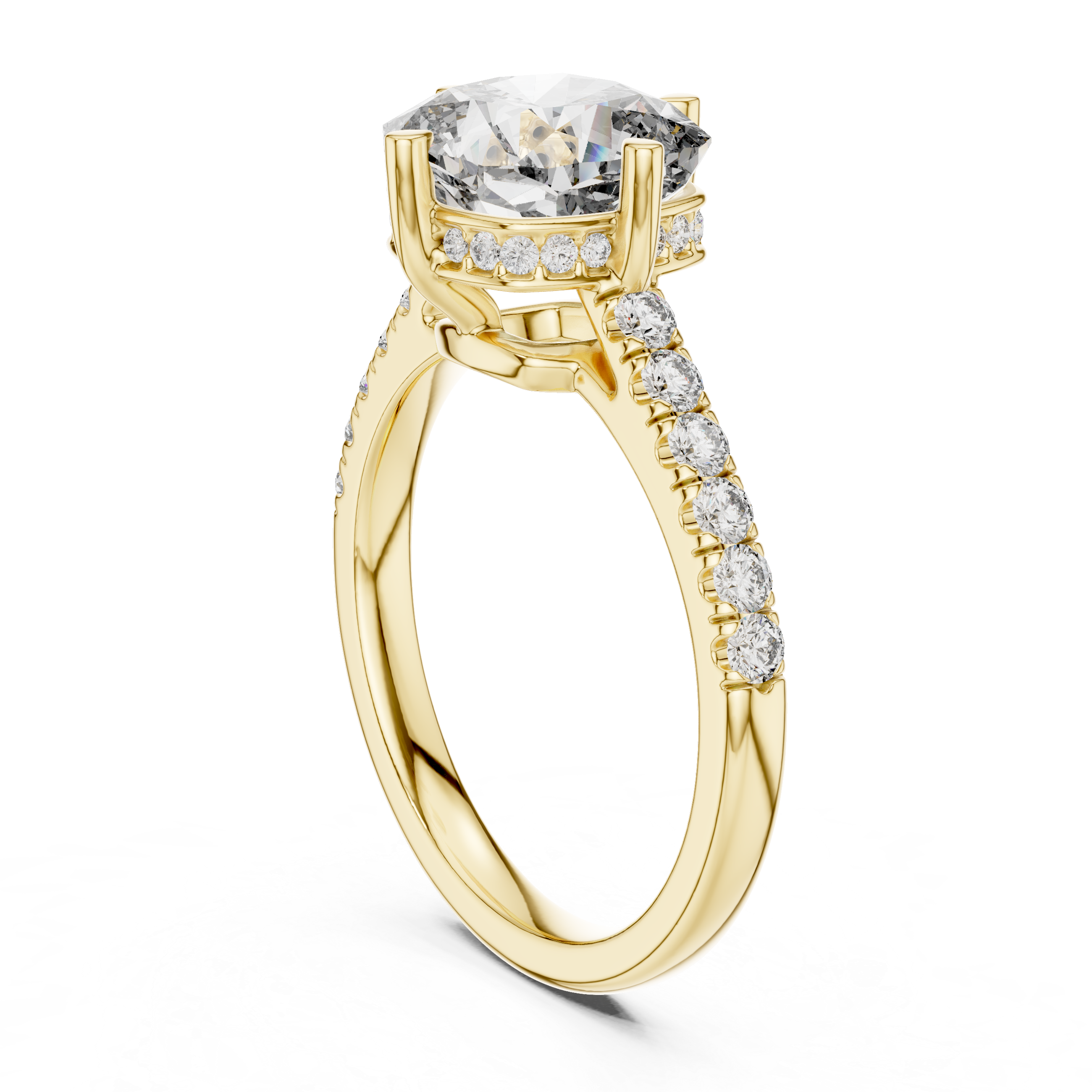 Engagement ring with a round center stone and diamond-accented band.