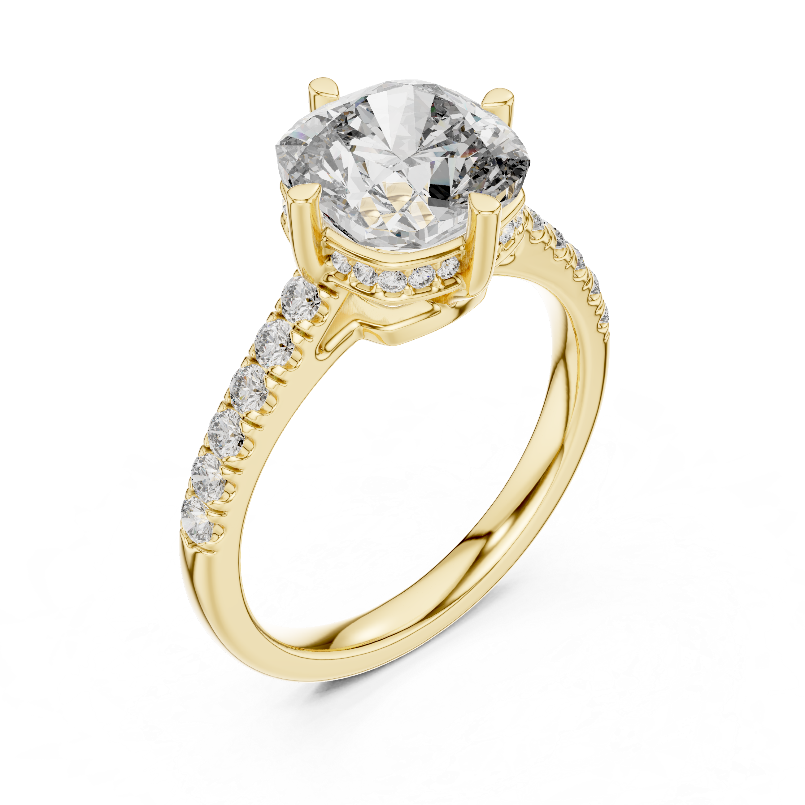 Engagement ring with a round center stone and diamond-accented band.