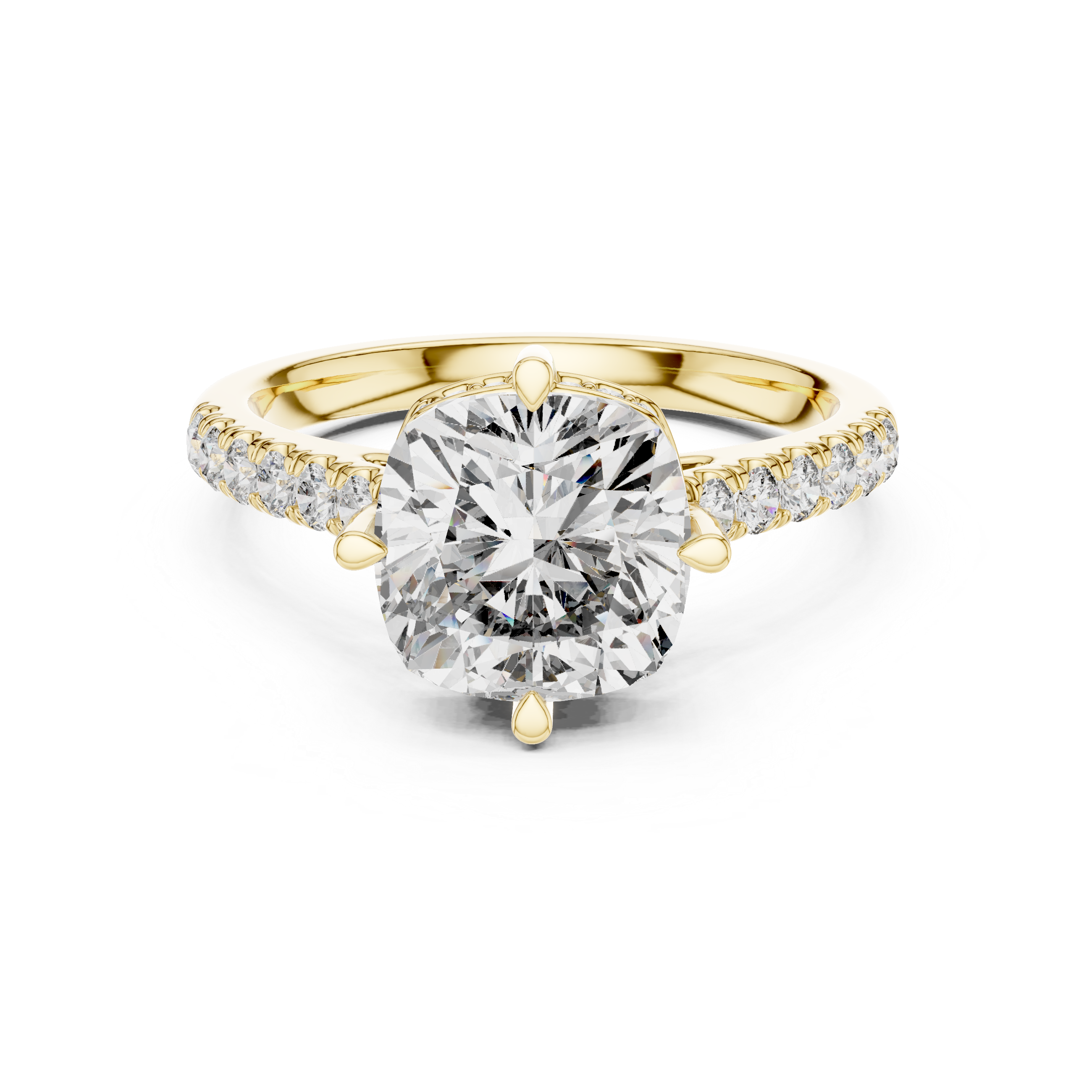Engagement ring with a round center stone and diamond-accented band.