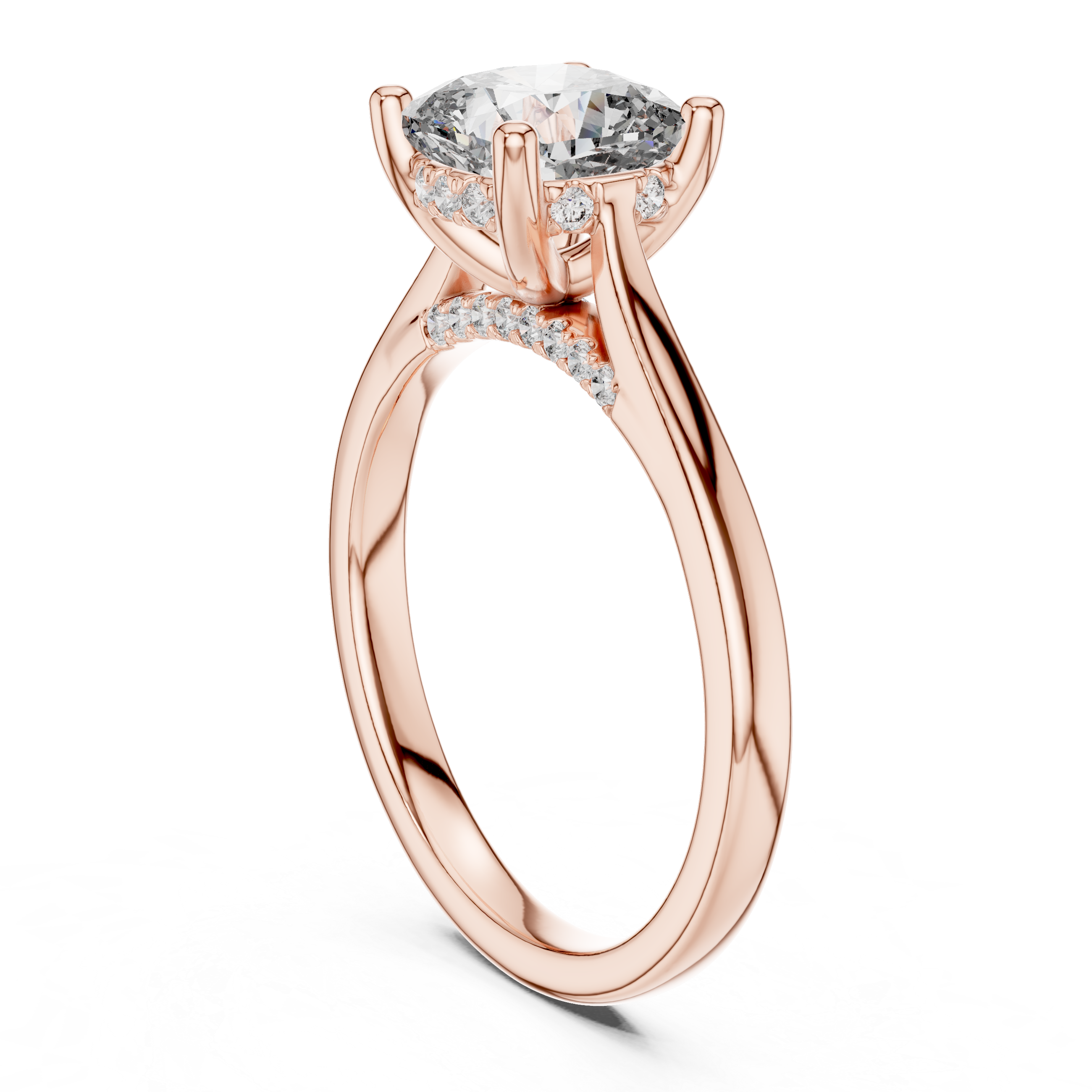 Solitaire Engagement Ring with Diamond-Accented Hidden Halo and Cathedral Setting.