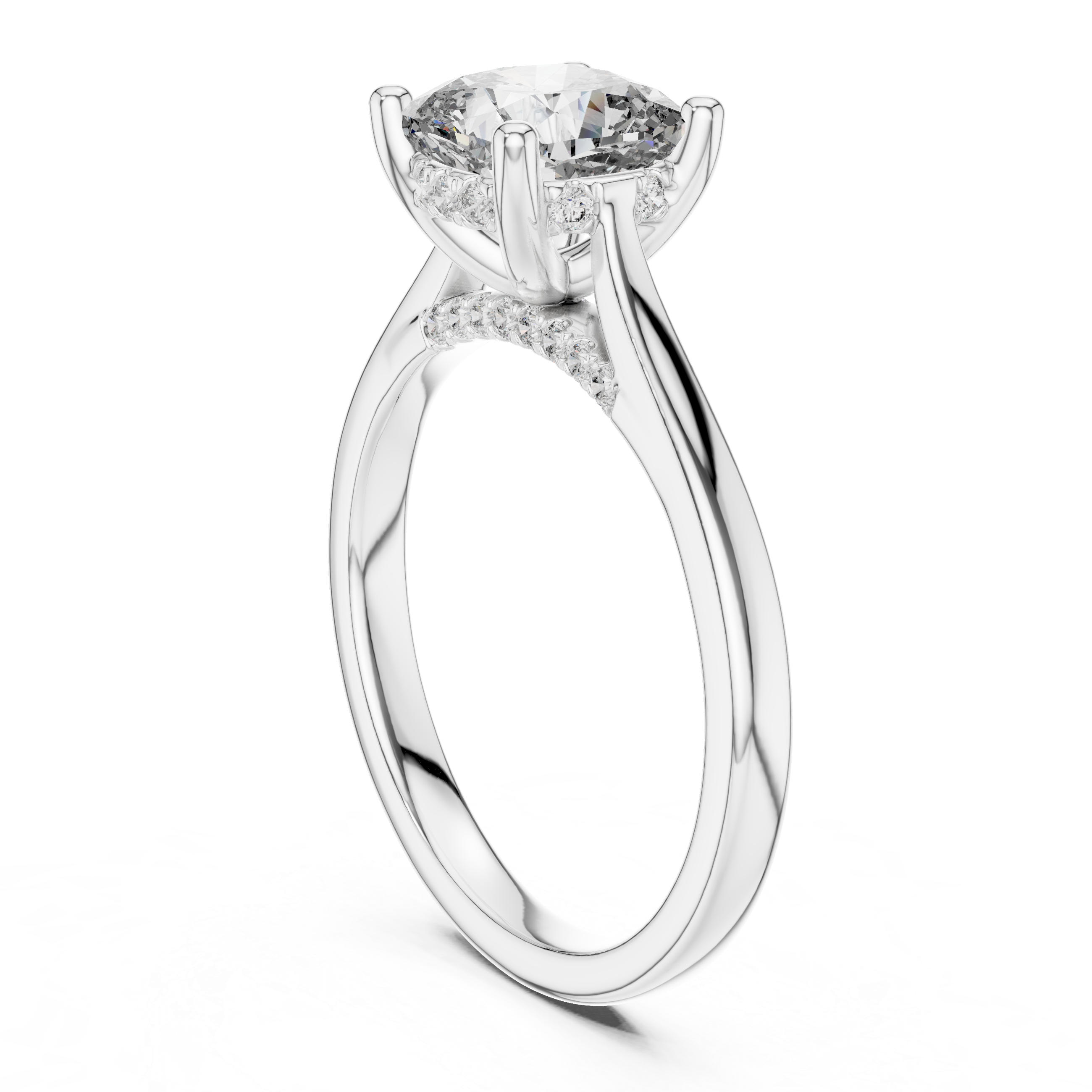 Solitaire Engagement Ring with Diamond-Accented Hidden Halo and Cathedral Setting.