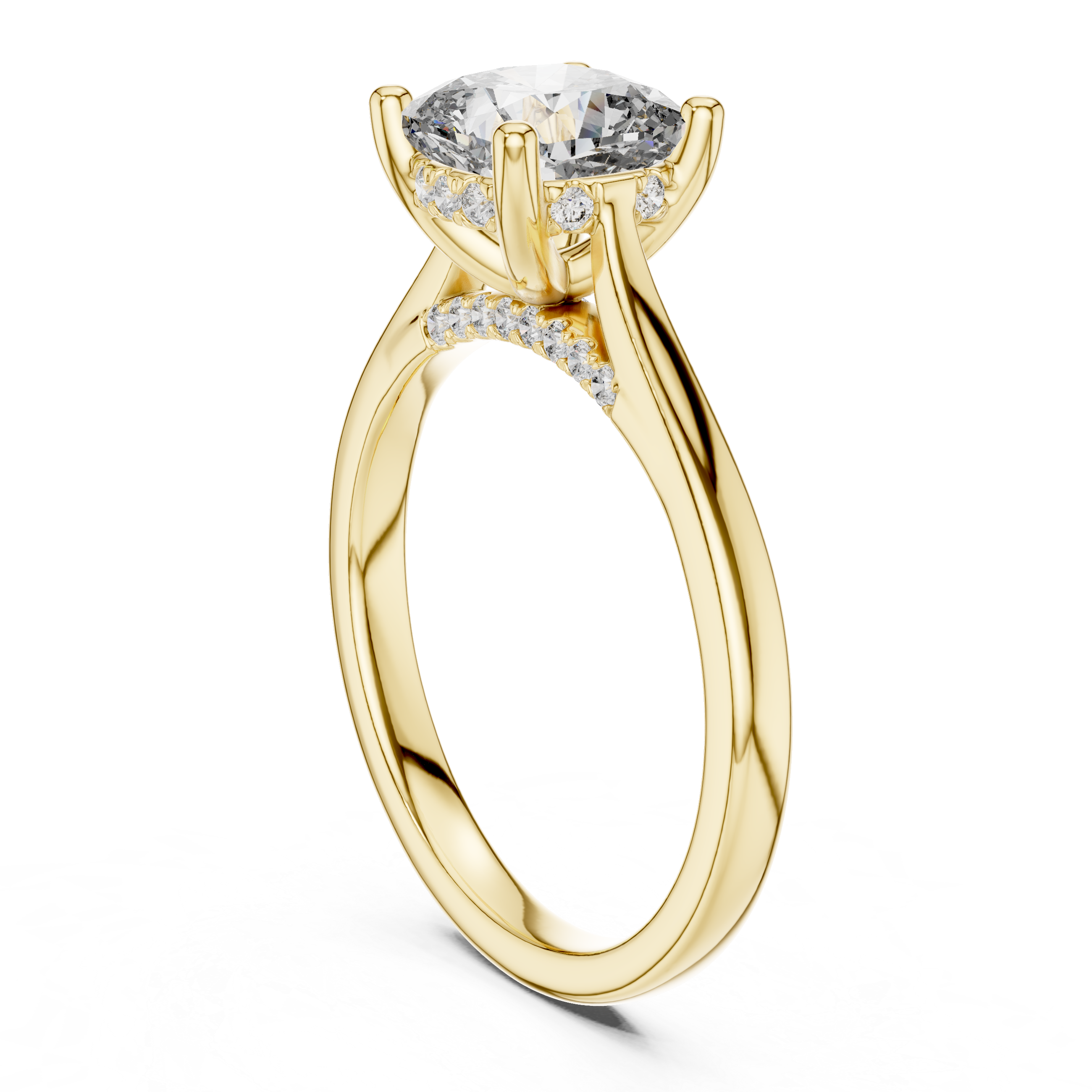 Solitaire Engagement Ring with Diamond-Accented Hidden Halo and Cathedral Setting.