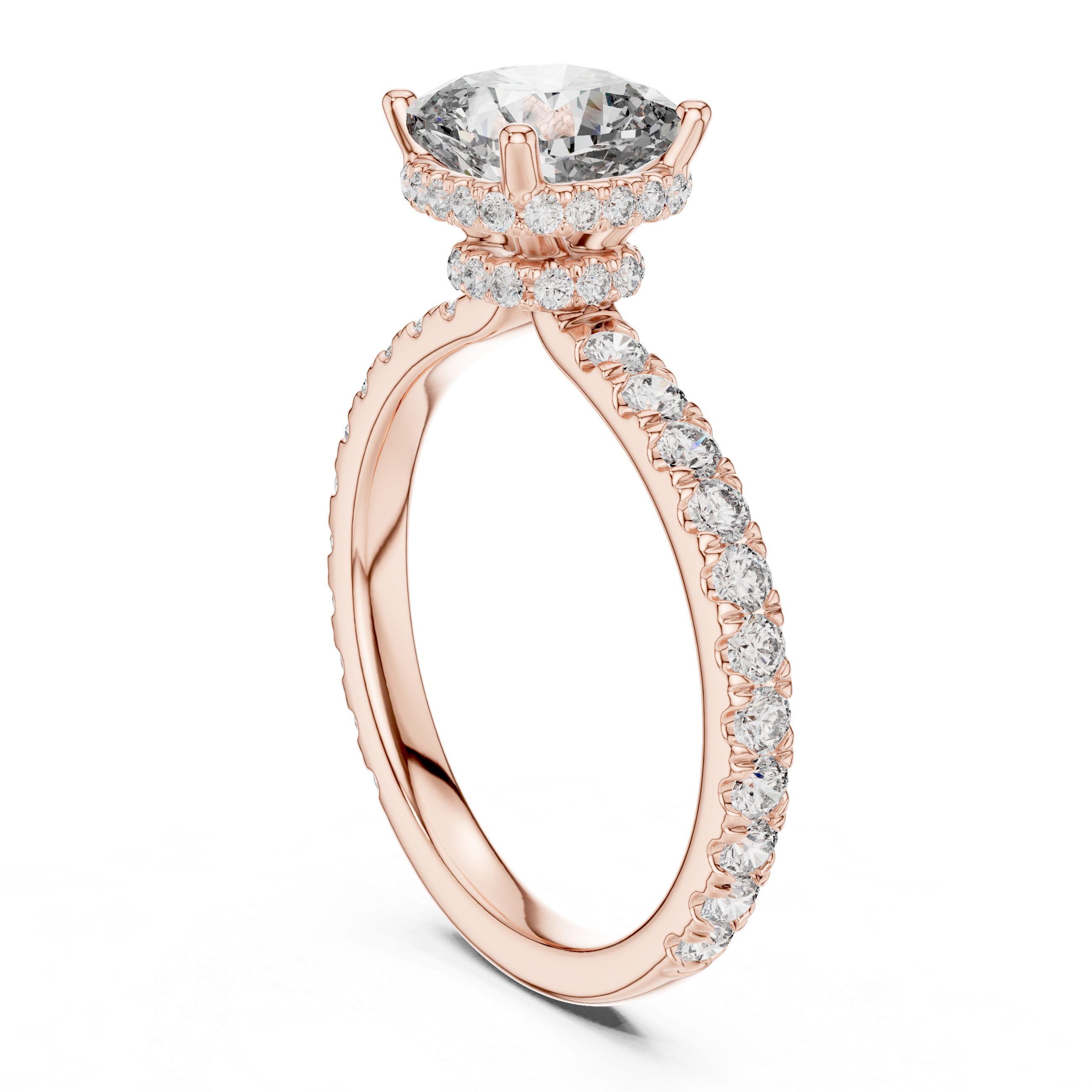 Pav‚ Diamond Engagement Ring with Round-Cut Center Stone and Double Hidden Halo.