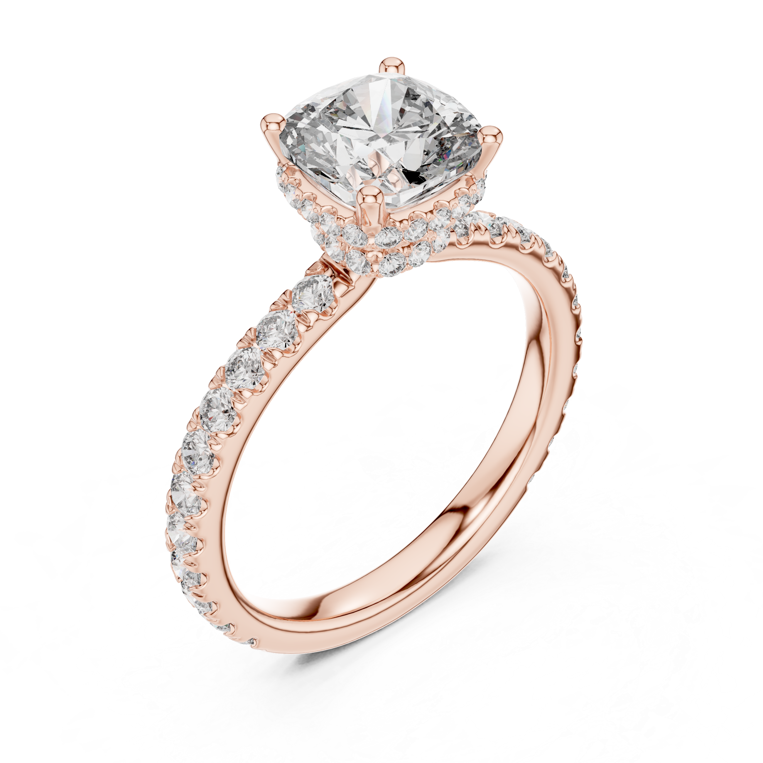 Pav‚ Diamond Engagement Ring with Round-Cut Center Stone and Double Hidden Halo.