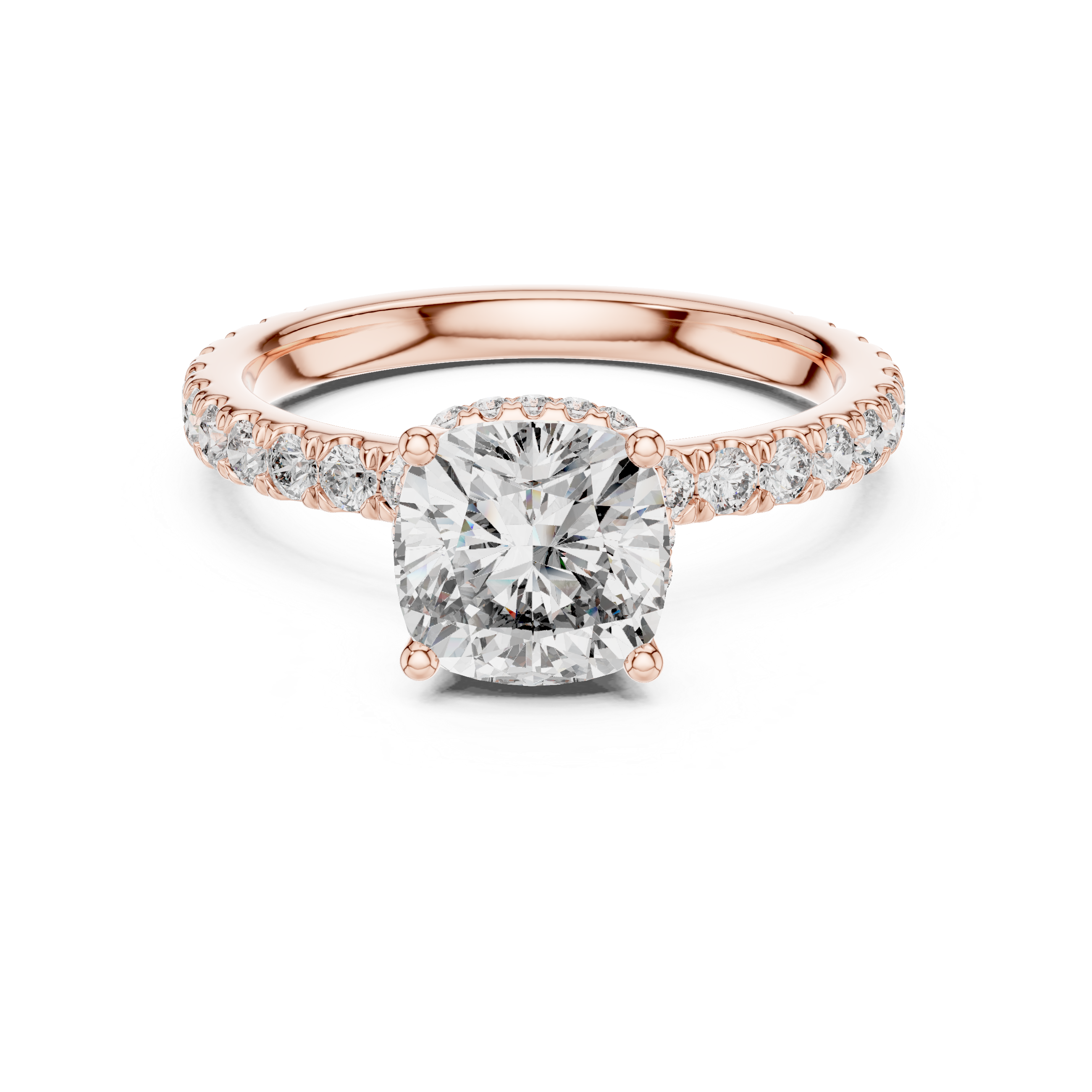 Pav‚ Diamond Engagement Ring with Round-Cut Center Stone and Double Hidden Halo.