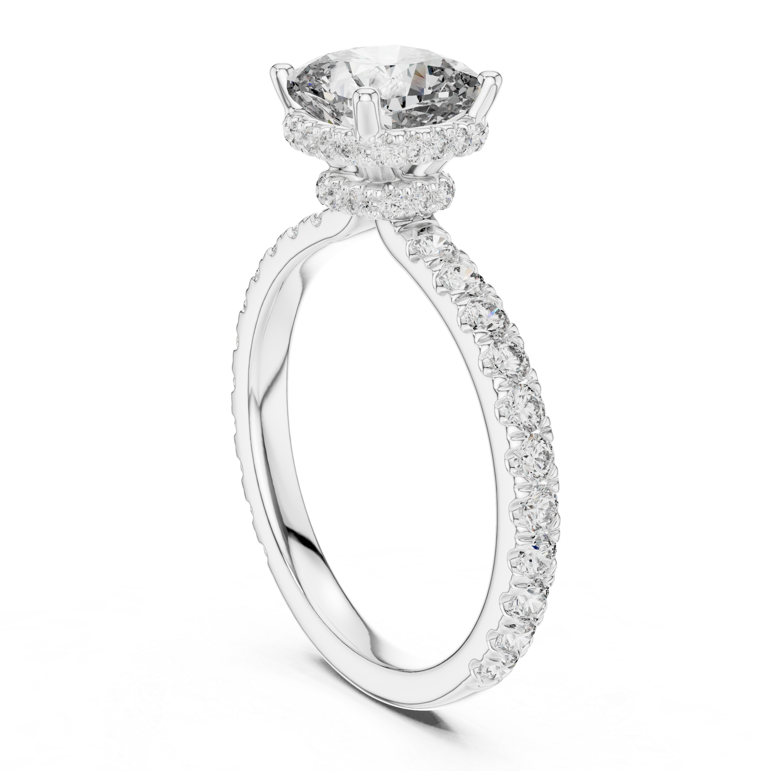 Pav‚ Diamond Engagement Ring with Round-Cut Center Stone and Double Hidden Halo.