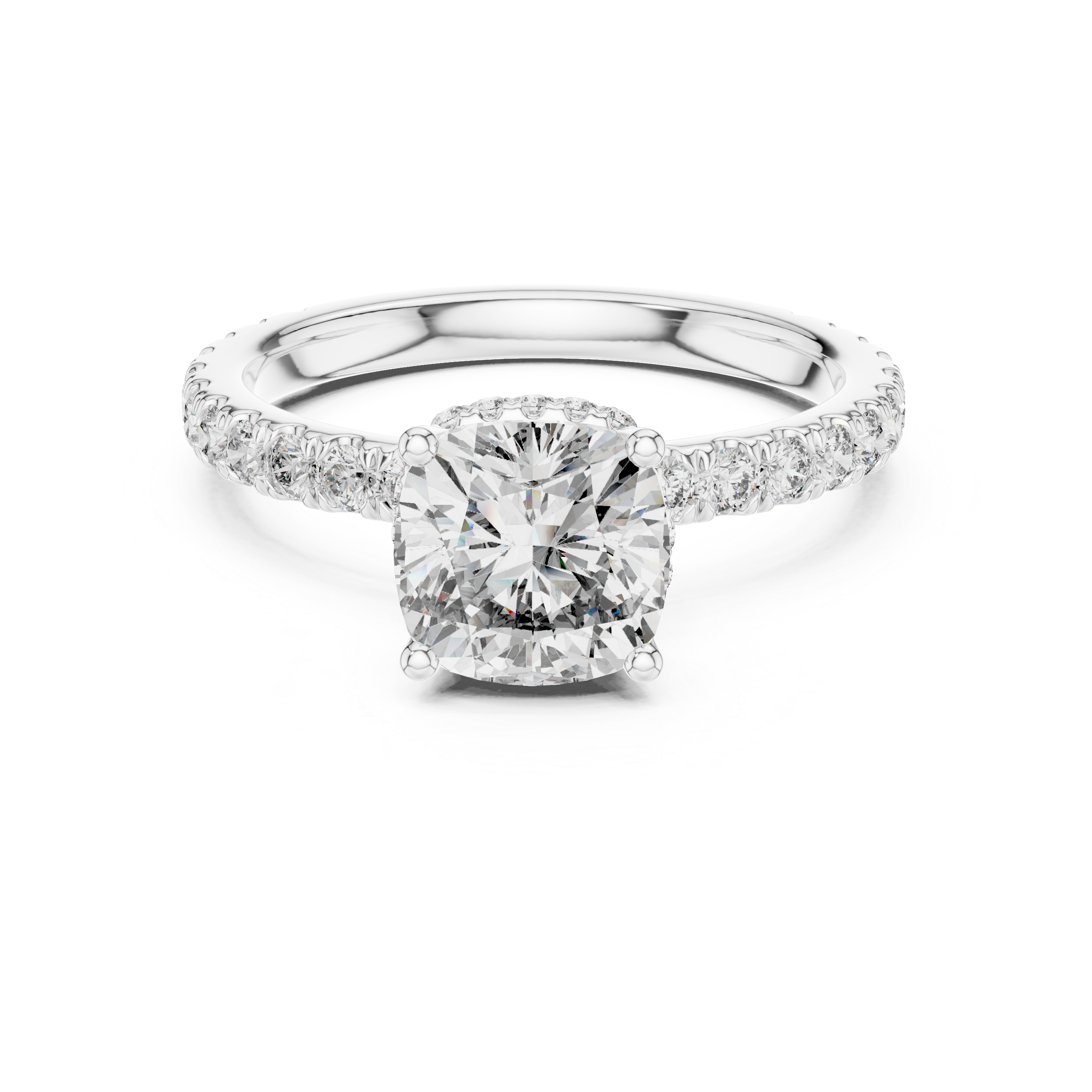 Pav‚ Diamond Engagement Ring with Round-Cut Center Stone and Double Hidden Halo.