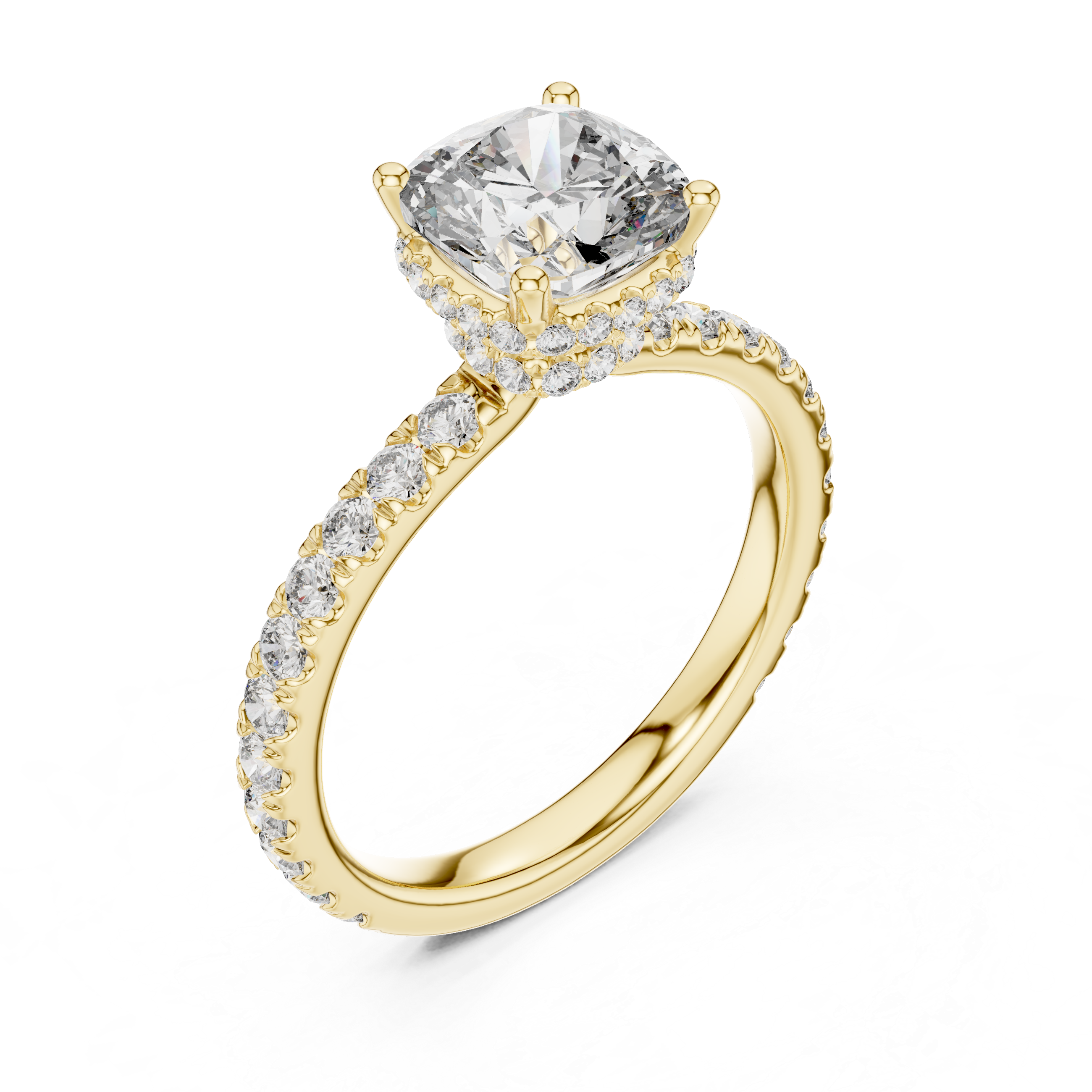 Pav‚ Diamond Engagement Ring with Round-Cut Center Stone and Double Hidden Halo.