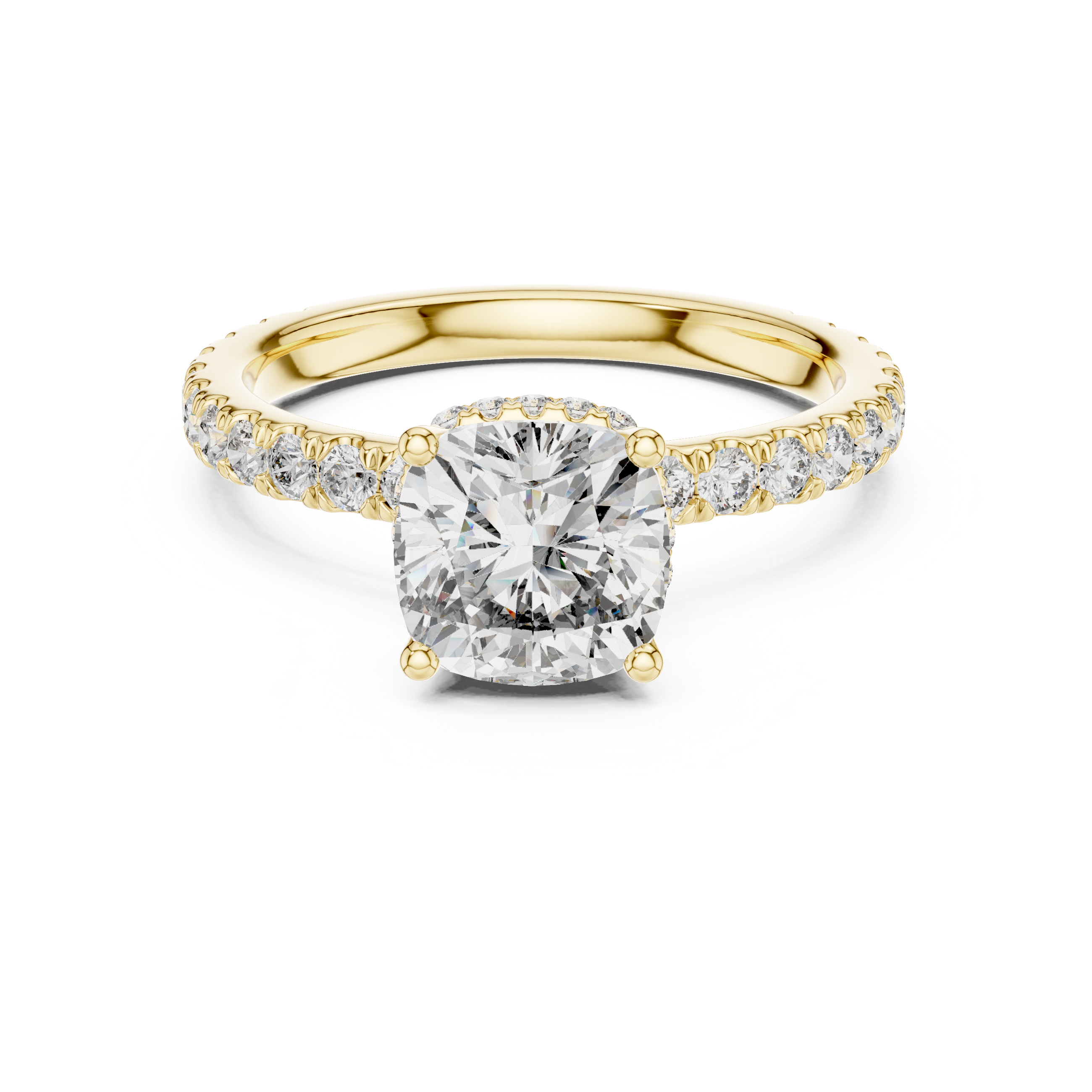 Pav‚ Diamond Engagement Ring with Round-Cut Center Stone and Double Hidden Halo.