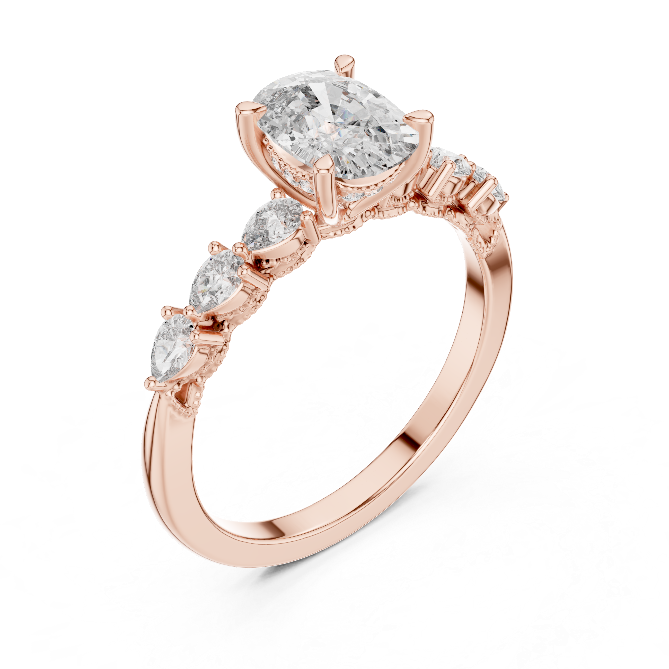 Oval-Cut Diamond Rose Gold Engagement Ring with Pear Side Stones.