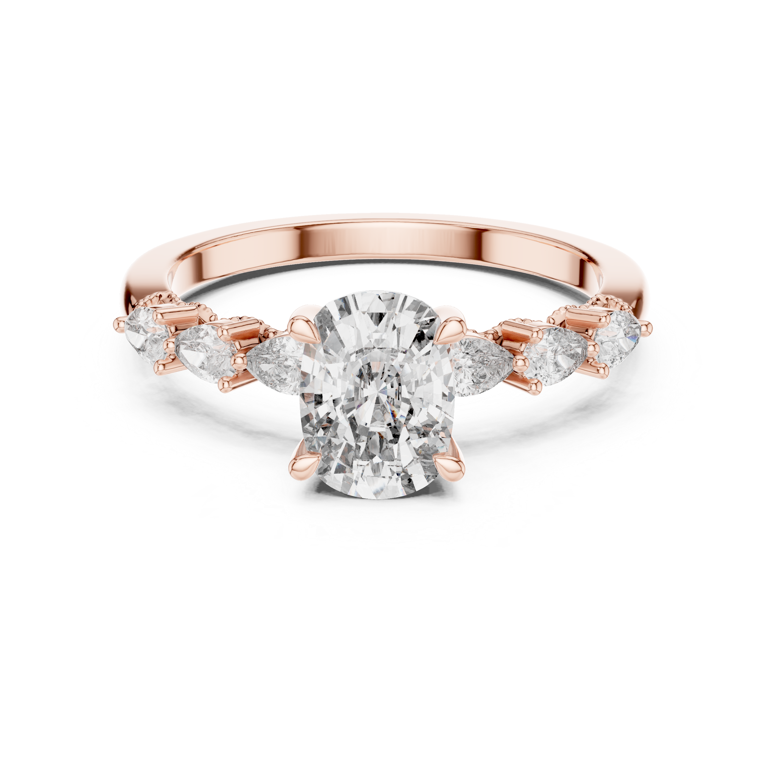 Oval-Cut Diamond Rose Gold Engagement Ring with Pear Side Stones.