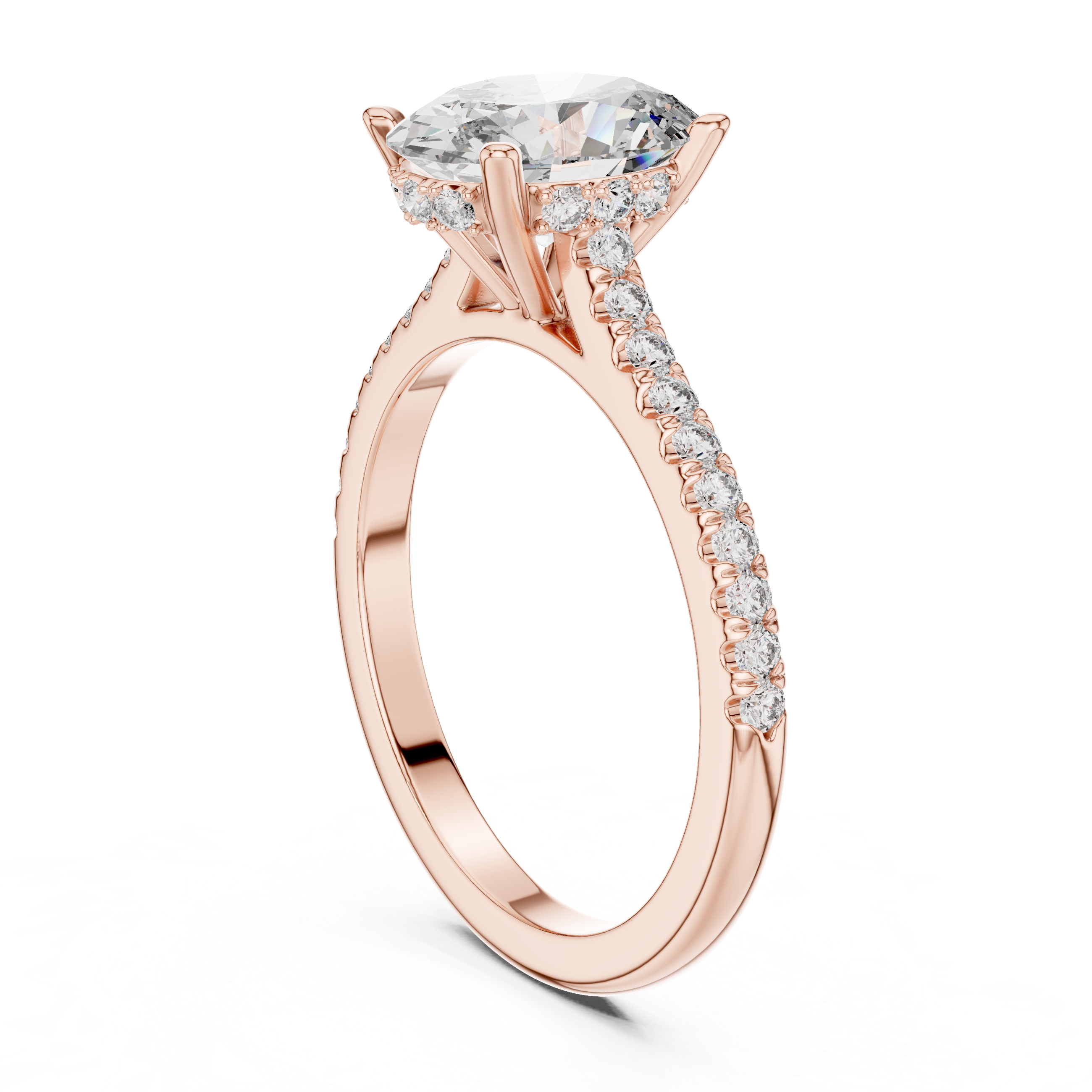 Round-Cut Diamond Rose Gold Engagement Ring with Pav‚ Band.
