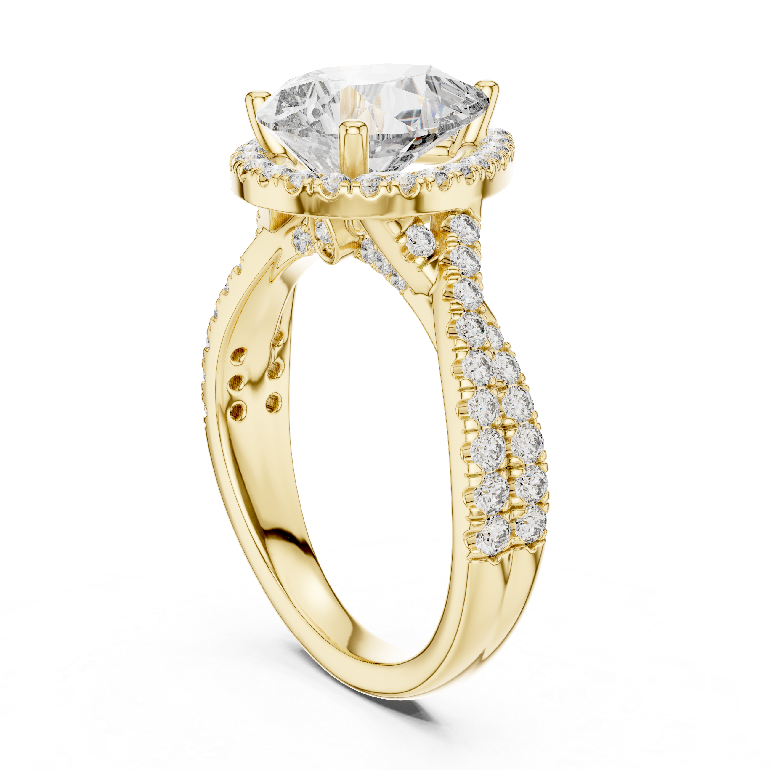 diamond halo engagement ring with split shank band